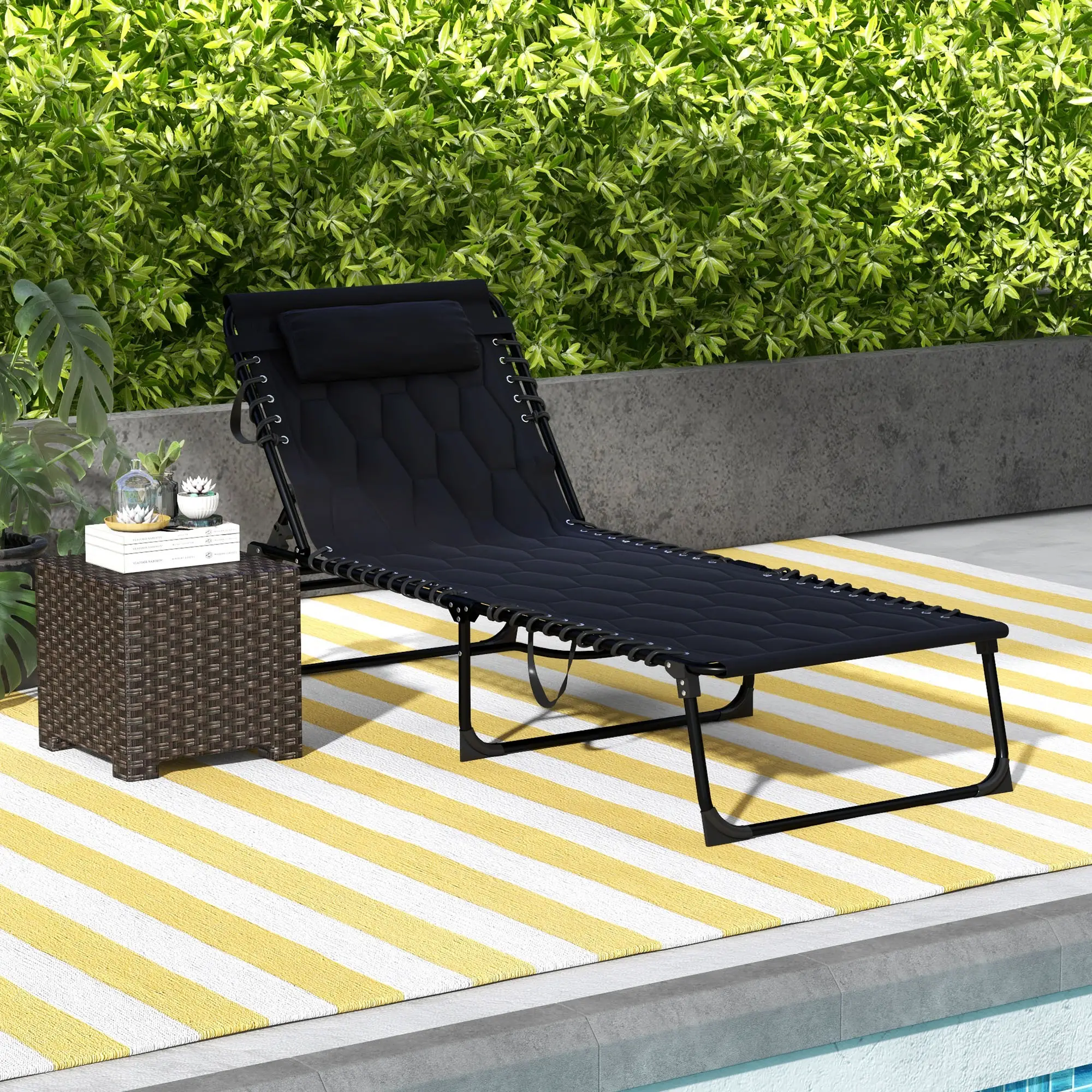Folding Chaise Lounge, Reclining Back, 25.6" x 74" x 14.2", Black - Image 8