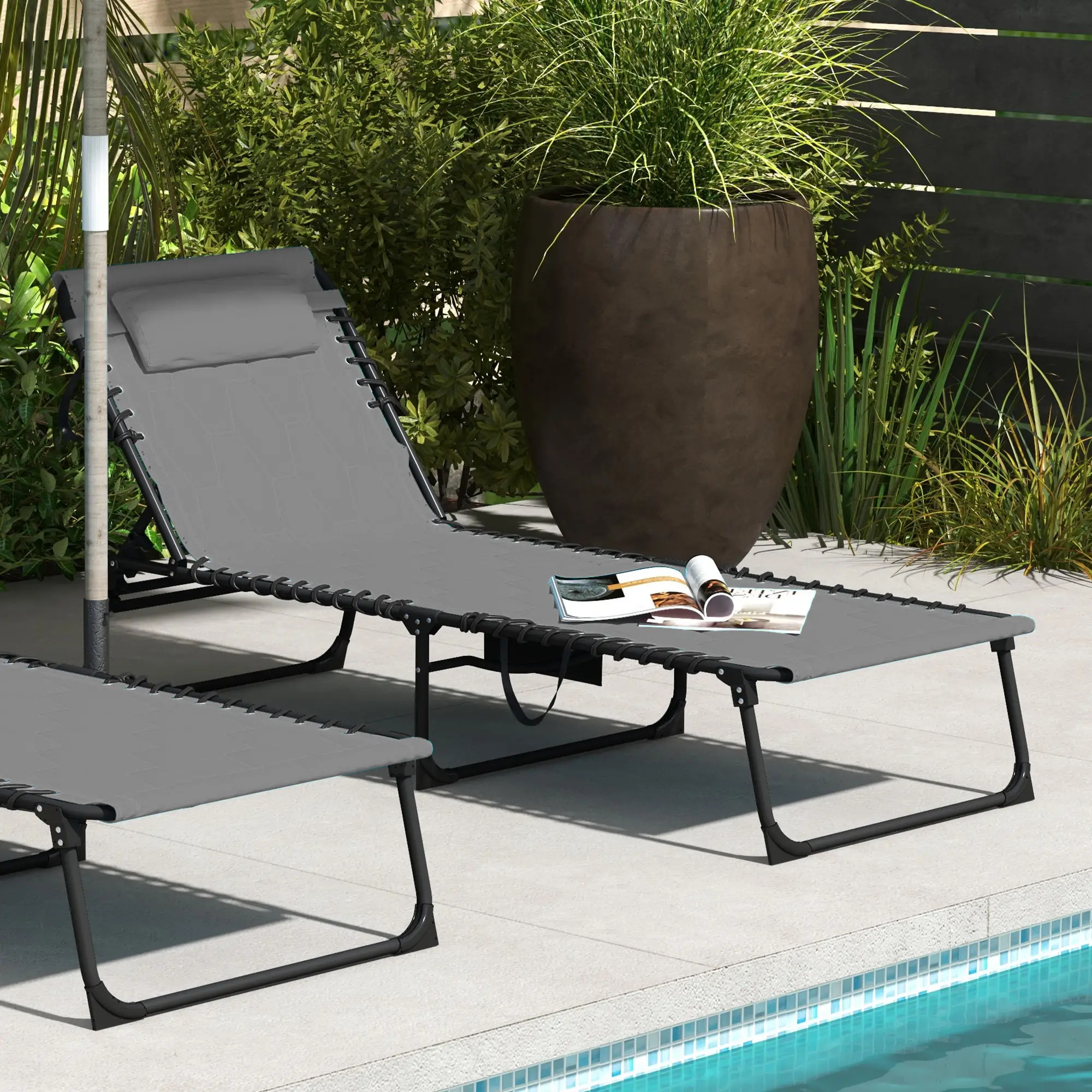 Folding Chaise Lounge, Reclining Back, 25.6" x 74" x 14.2", Grey - Image 2
