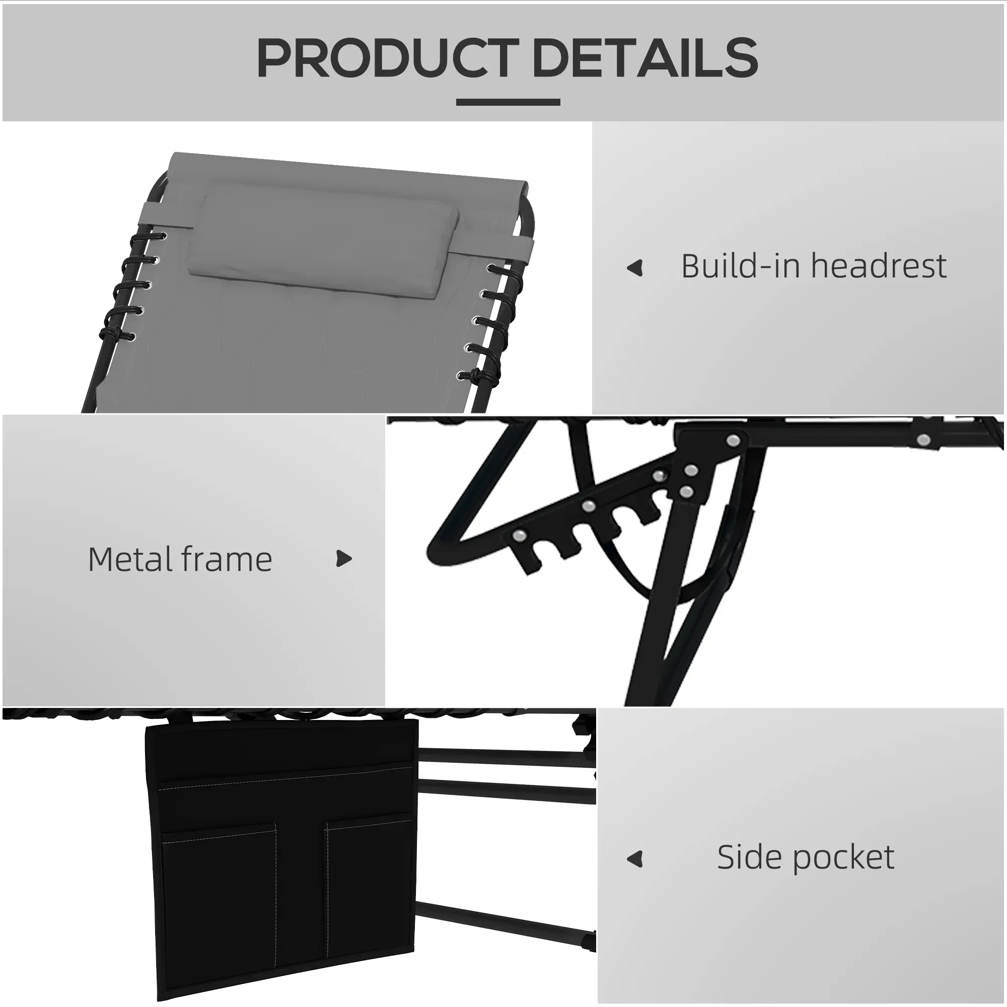 Folding Chaise Lounge, Reclining Back, 25.6" x 74" x 14.2", Grey - Image 5