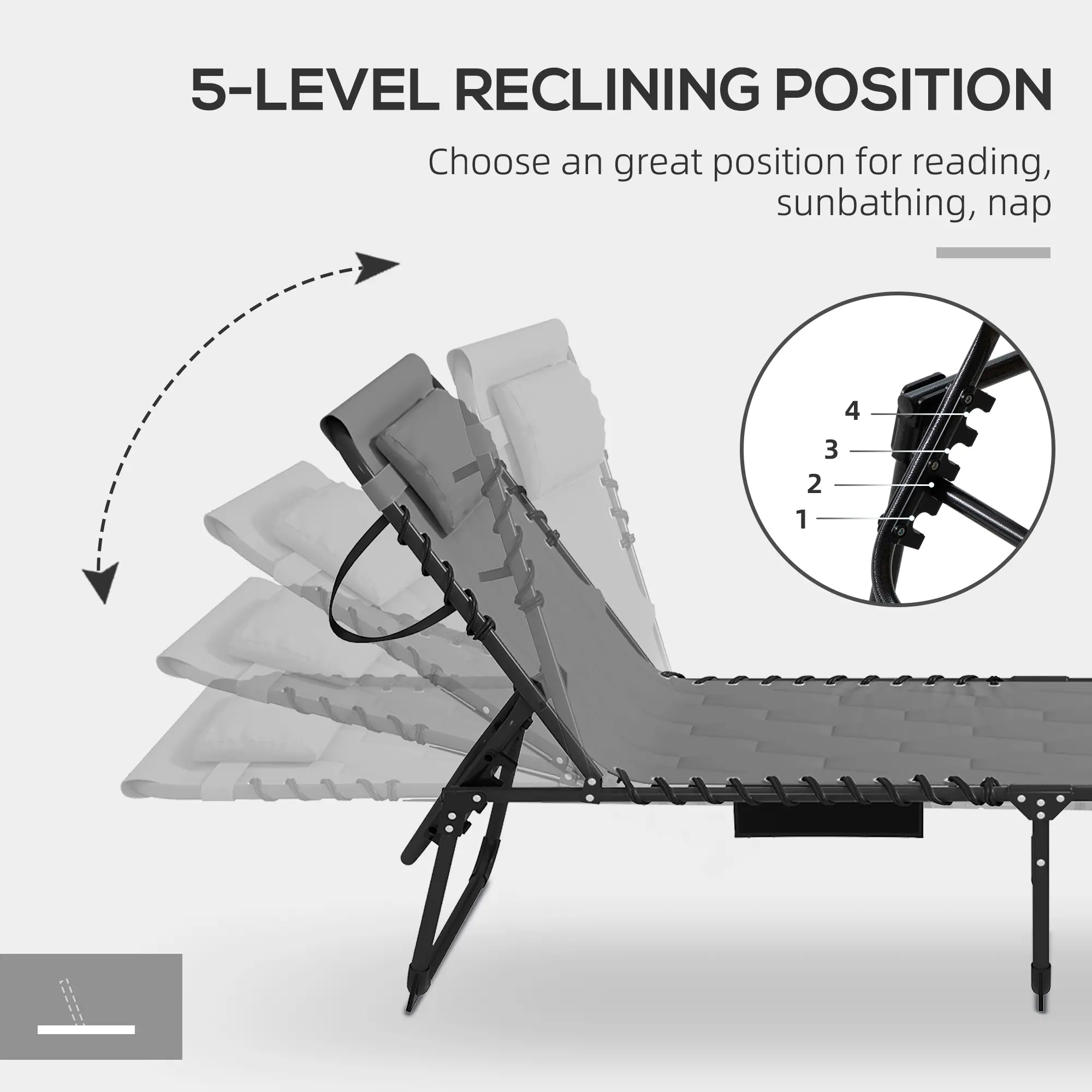 Folding Chaise Lounge, Reclining Back, 25.6" x 74" x 14.2", Grey - Image 6