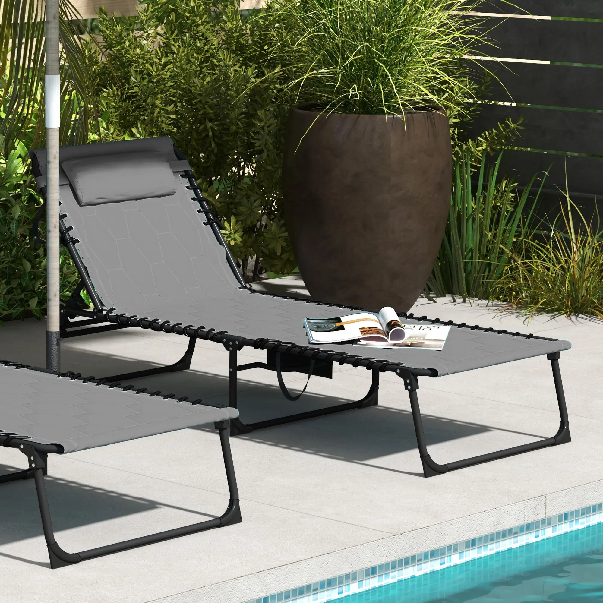 Folding Chaise Lounge, Reclining Back, 25.6" x 74" x 14.2", Grey - Image 8