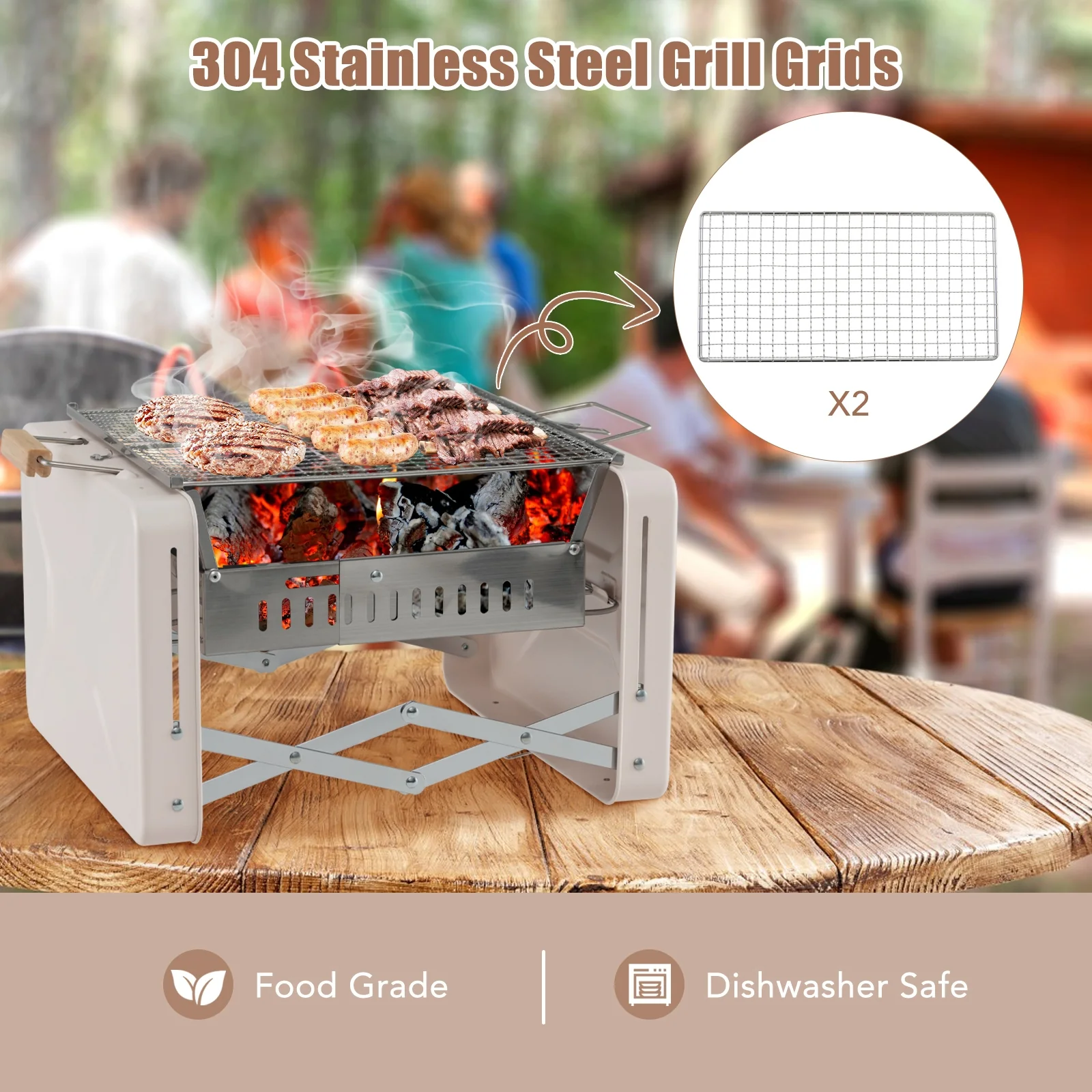 Folding Charcoal BBQ Grill with Dishwasher-safe Grill Grids and Charcoal Box, Beige - Image 9