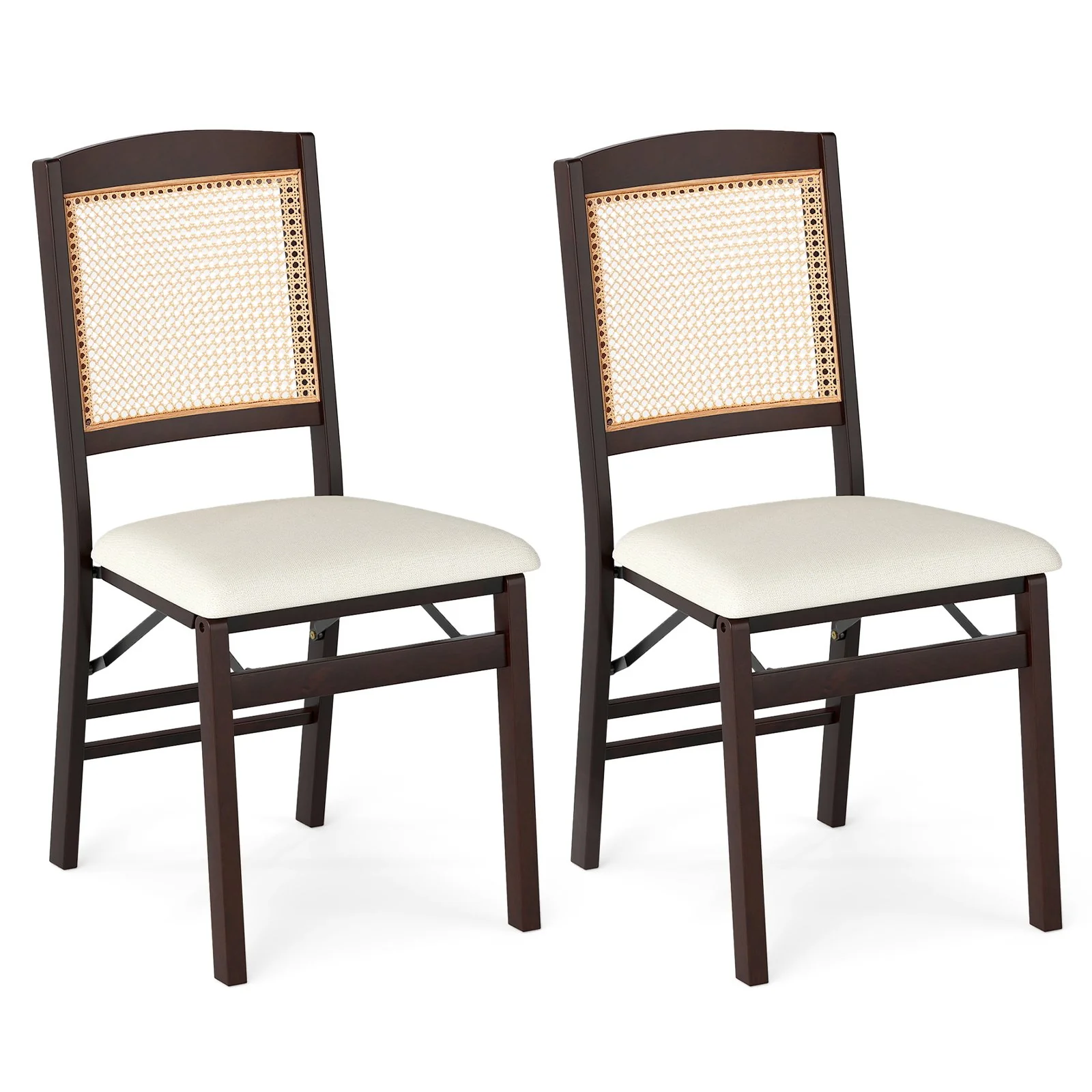Folding Dining Chairs Set Of 2, Rubber Wood, Linen Padded Seat, Coffee