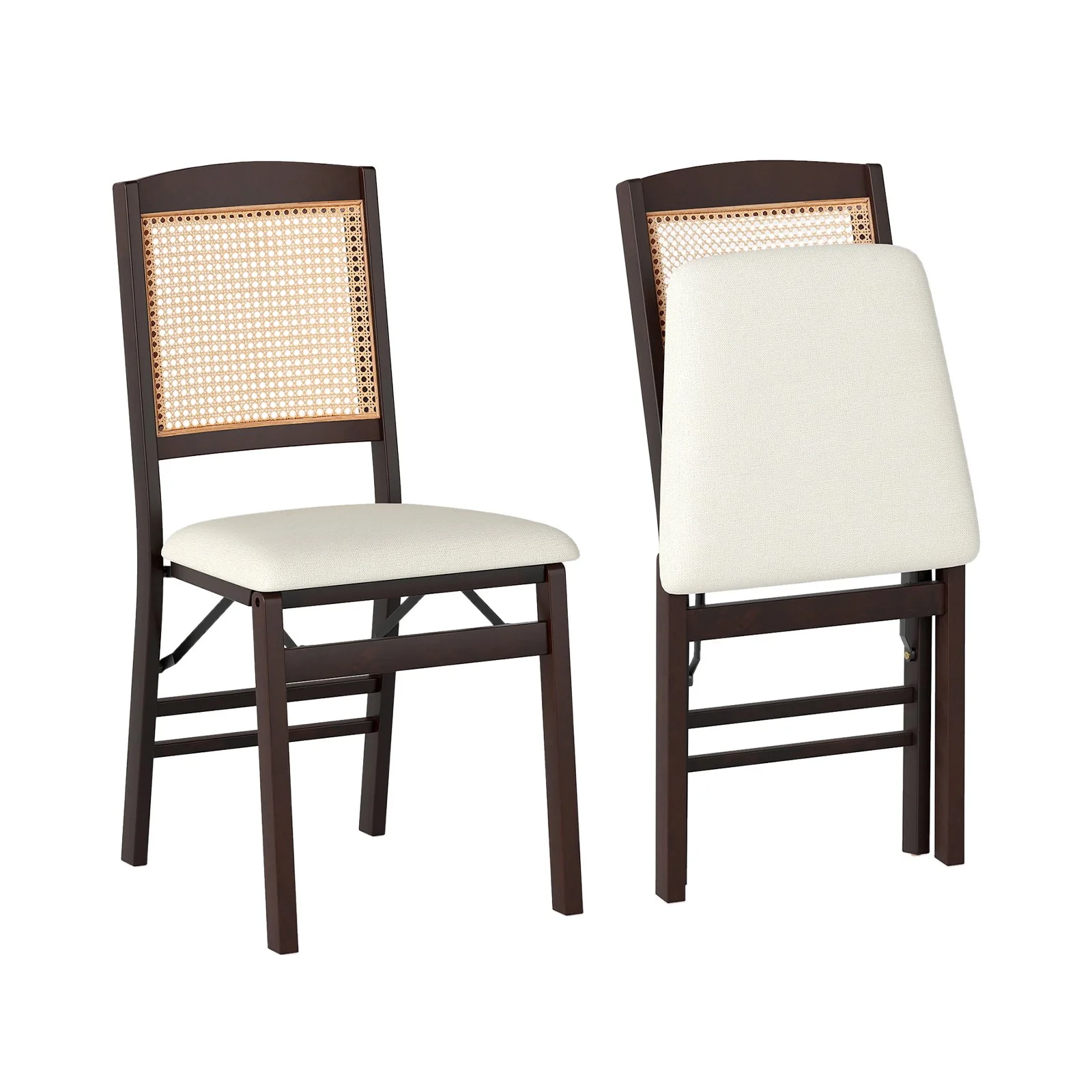 Folding Dining Chairs Set Of 2, Rubber Wood, Linen Padded Seat, Coffee - Image 4