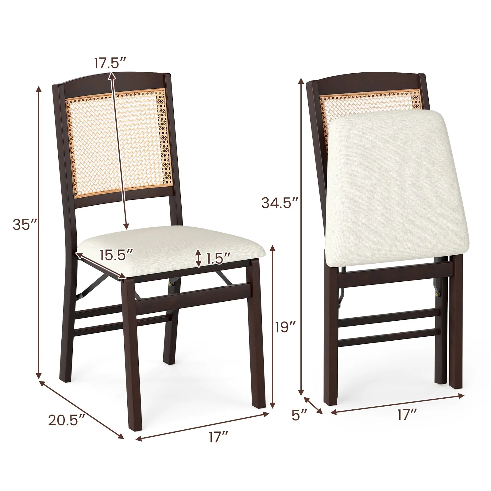 Folding Dining Chairs Set Of 2, Rubber Wood, Linen Padded Seat, Coffee - Image 5