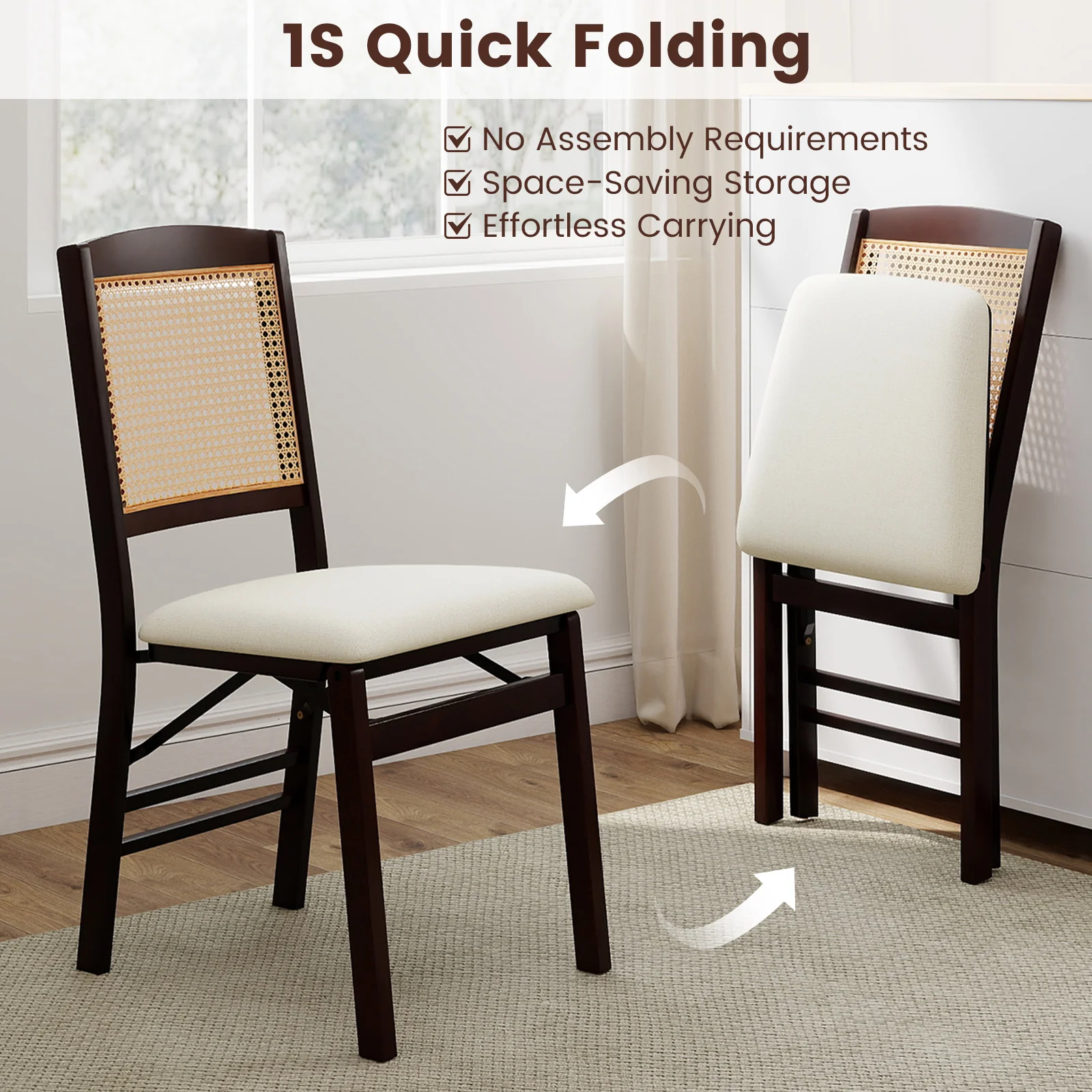 Folding Dining Chairs Set Of 2, Rubber Wood, Linen Padded Seat, Coffee - Image 7