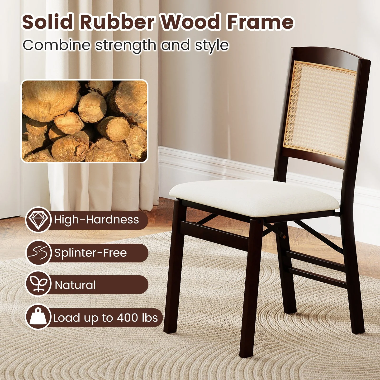 Folding Dining Chairs Set Of 2, Rubber Wood, Linen Padded Seat, Coffee - Image 8