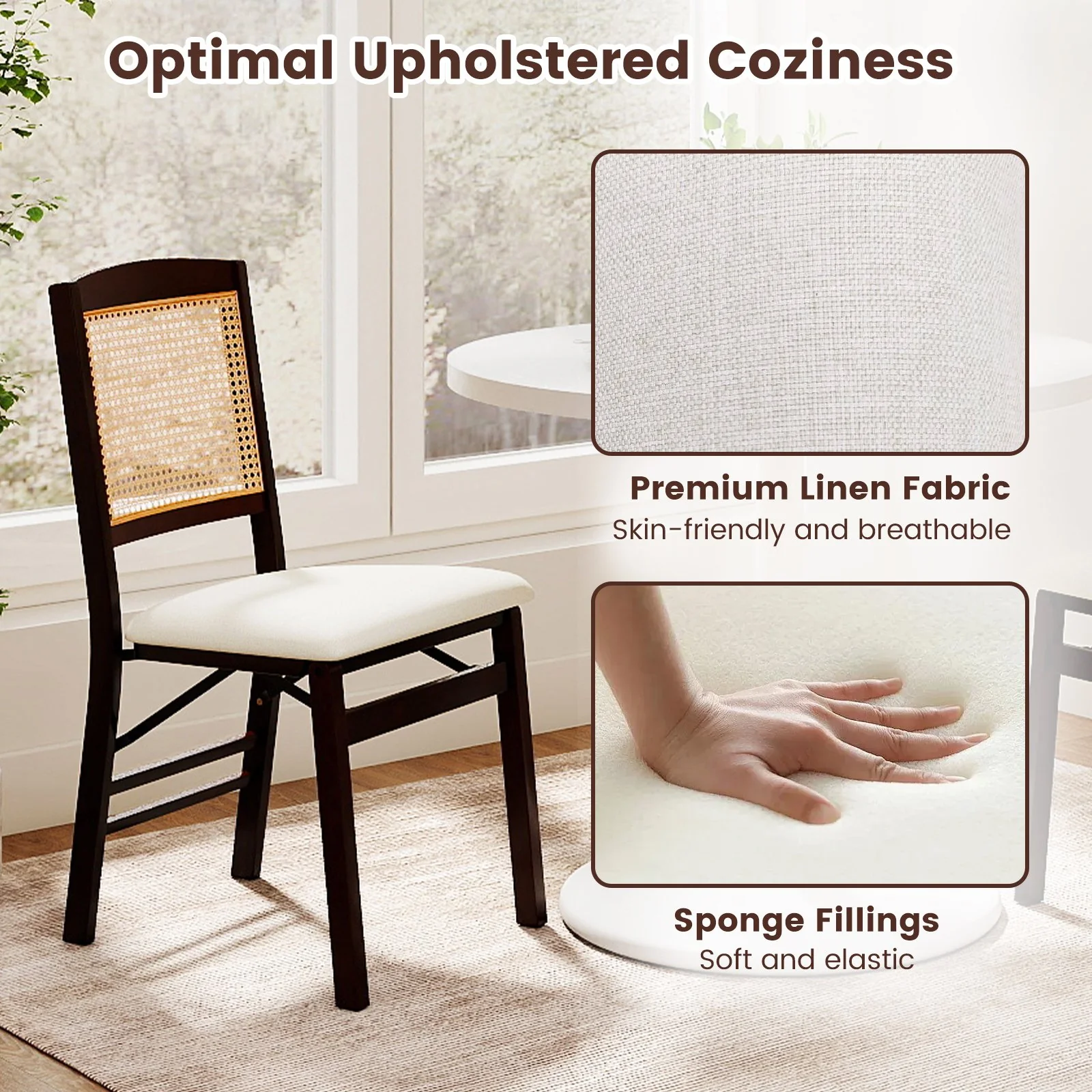 Folding Dining Chairs Set Of 2, Rubber Wood, Linen Padded Seat, Coffee - Image 9