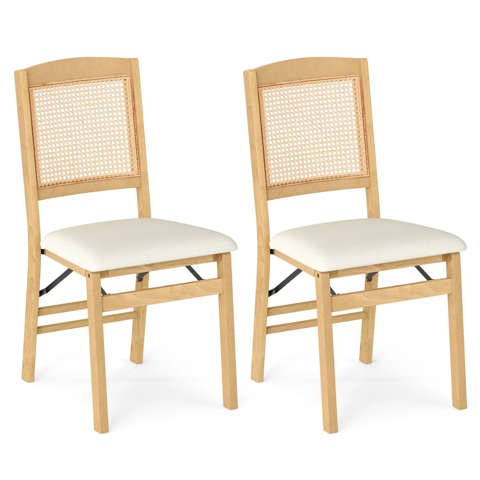 Folding Dining Chairs Set of 2, Rubber Wood, Linen Padded Seat, Natural