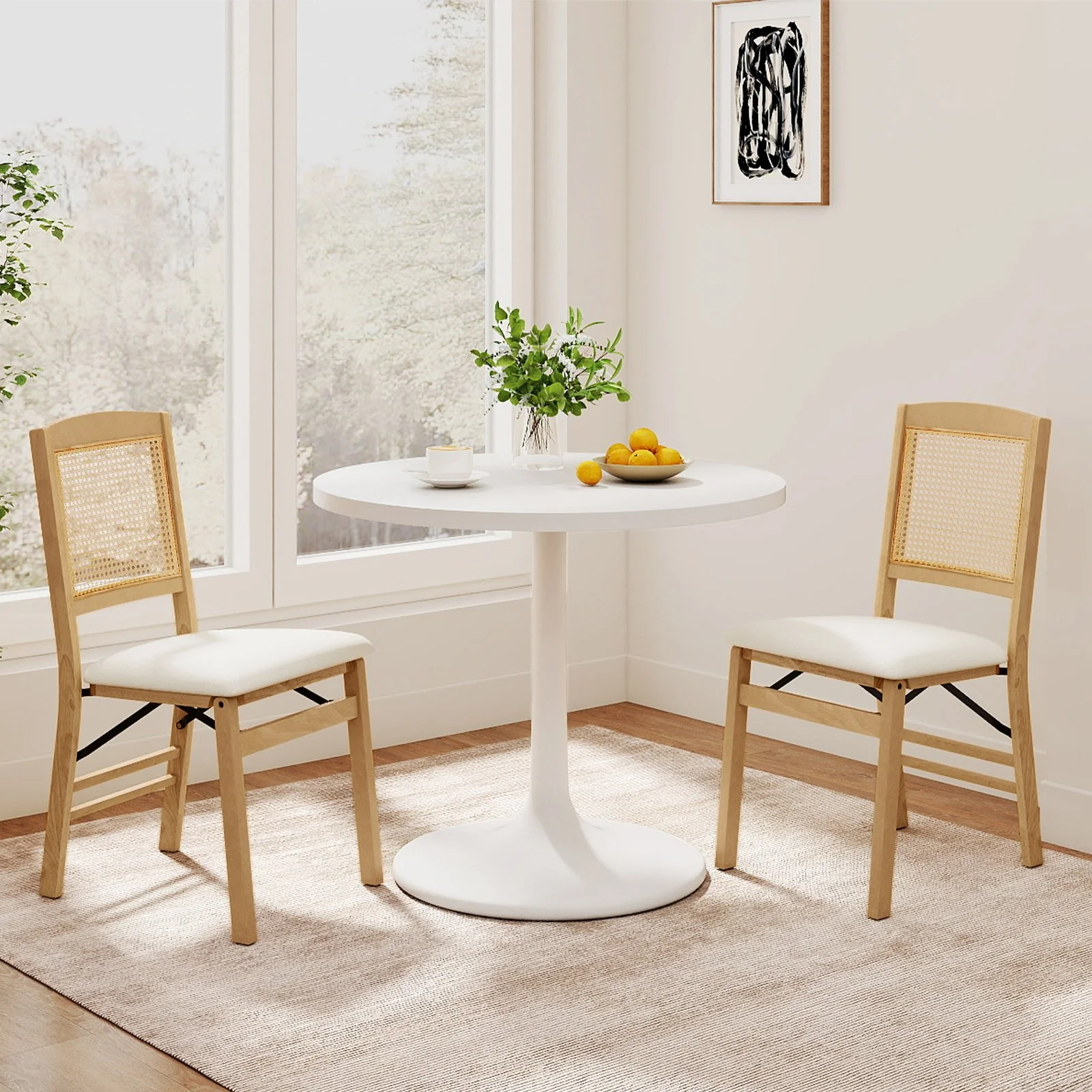 Folding Dining Chairs Set of 2, Rubber Wood, Linen Padded Seat, Natural - Image 2