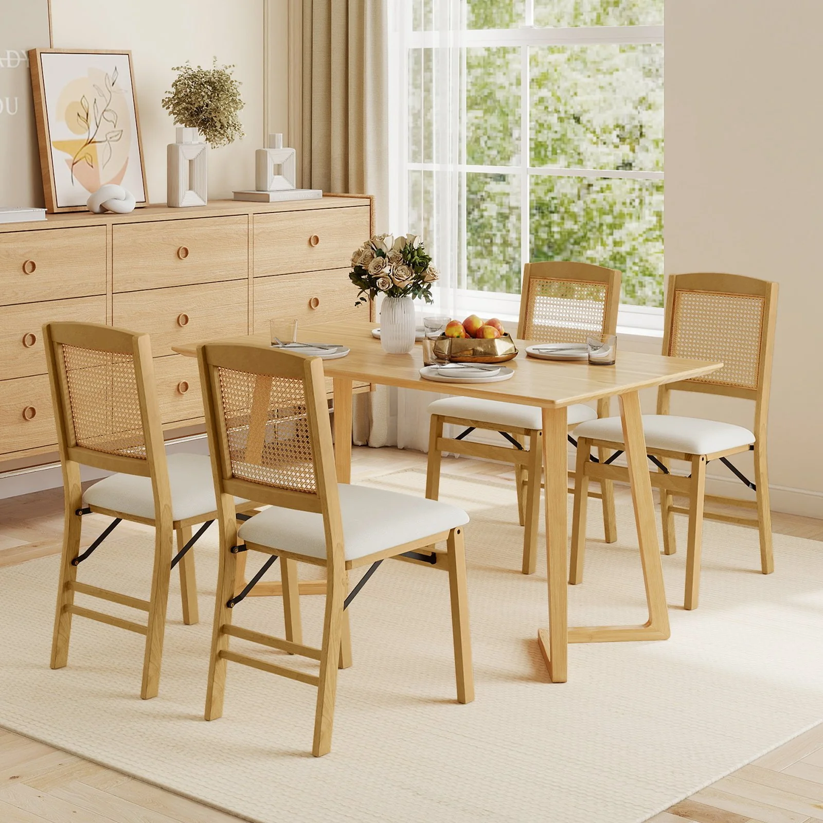 Folding Dining Chairs Set of 2, Rubber Wood, Linen Padded Seat, Natural - Image 3
