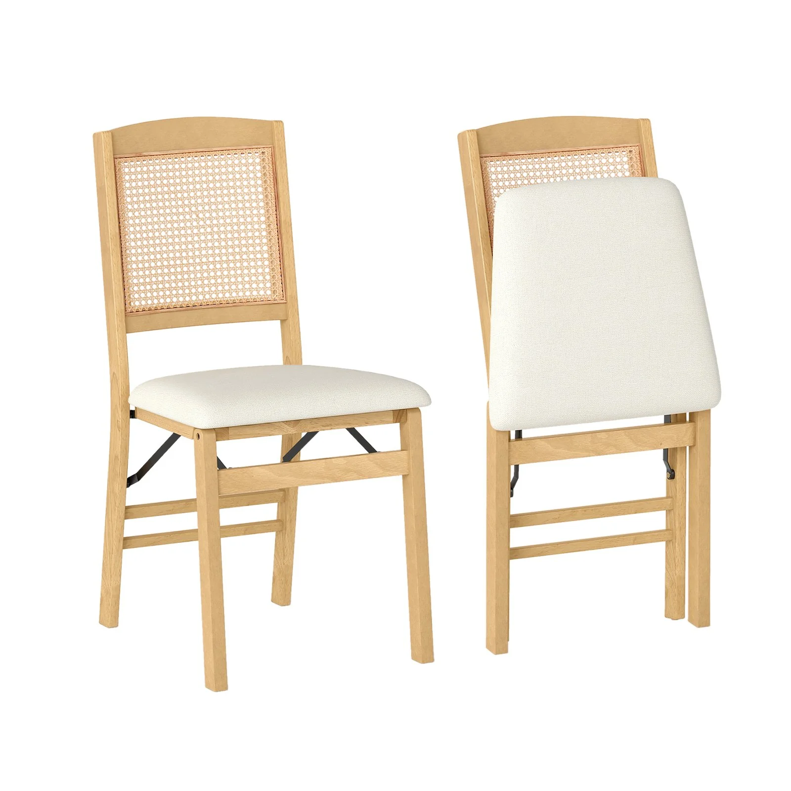 Folding Dining Chairs Set of 2, Rubber Wood, Linen Padded Seat, Natural - Image 4