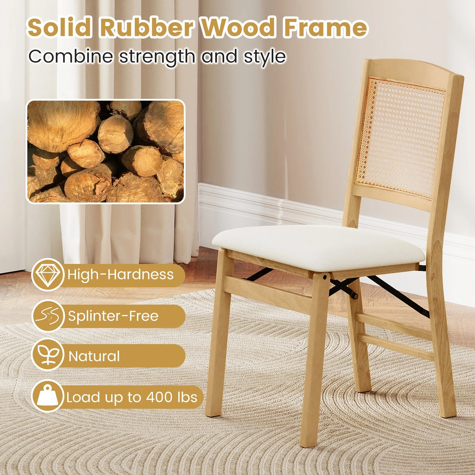 Folding Dining Chairs Set of 2, Rubber Wood, Linen Padded Seat, Natural - Image 8