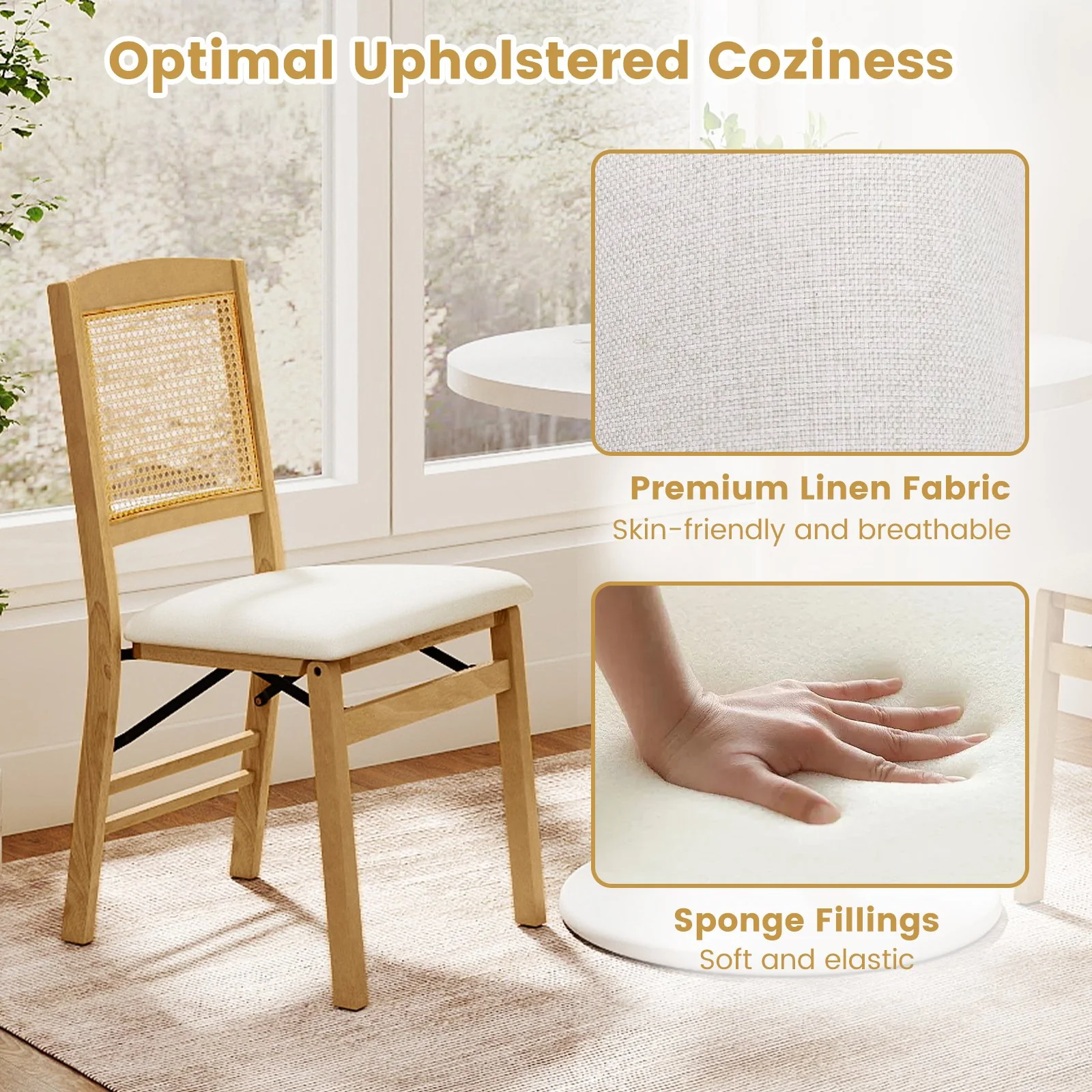 Folding Dining Chairs Set of 2, Rubber Wood, Linen Padded Seat, Natural - Image 9