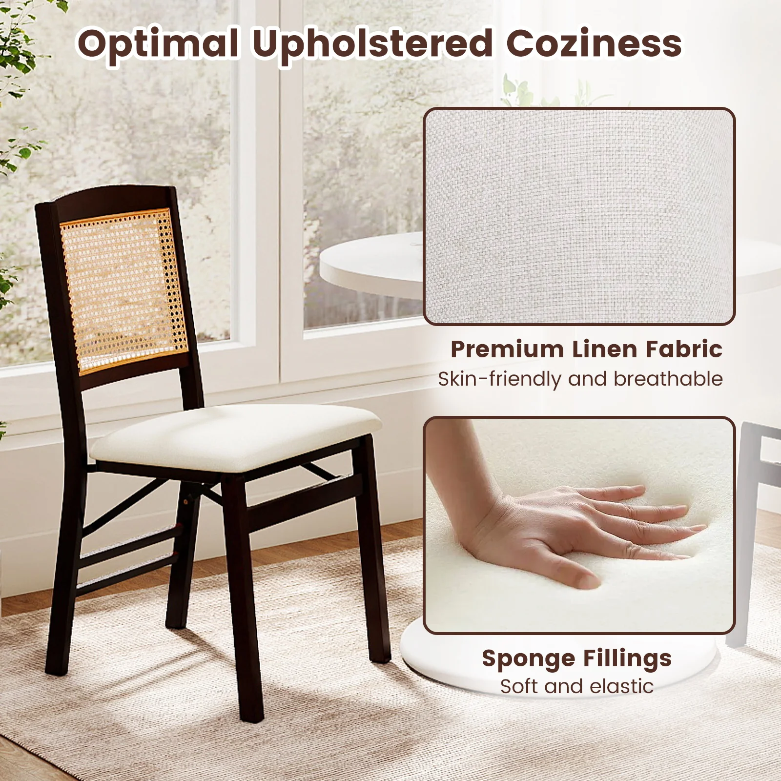 Folding Dining Chairs, Set of 4, Rubber Wood, Linen Padded Seat, Coffee - Image 10