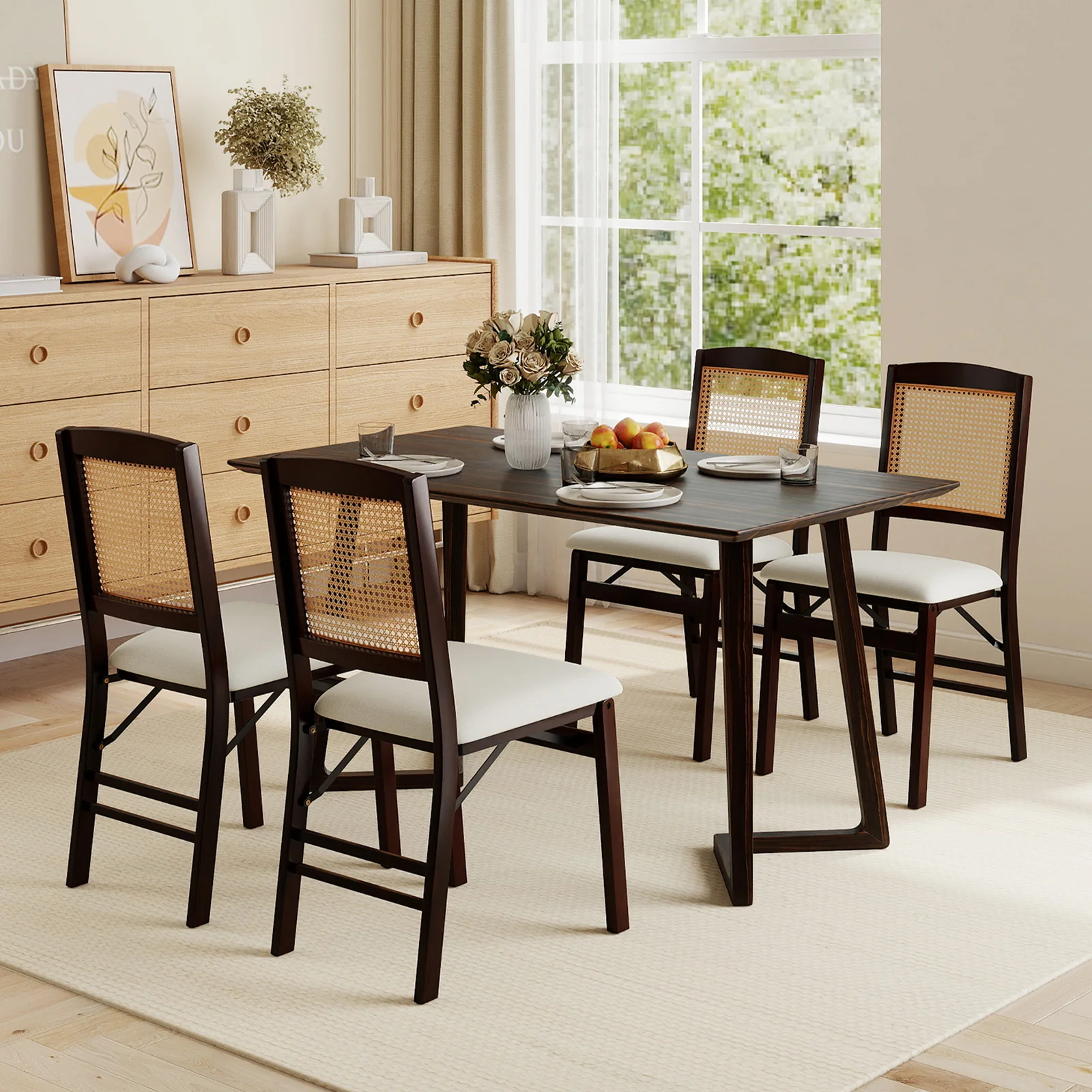 Folding Dining Chairs, Set of 4, Rubber Wood, Linen Padded Seat, Coffee - Image 2