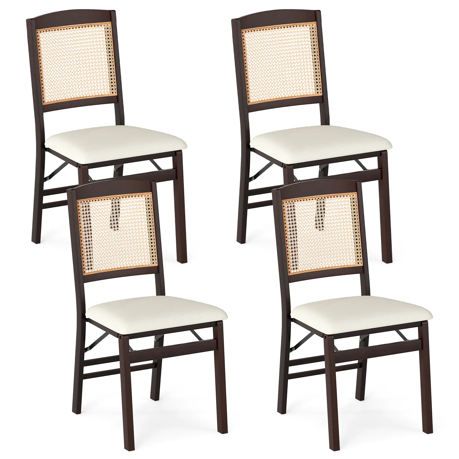 Folding Dining Chairs, Set of 4, Rubber Wood, Linen Padded Seat, Coffee - Image 4