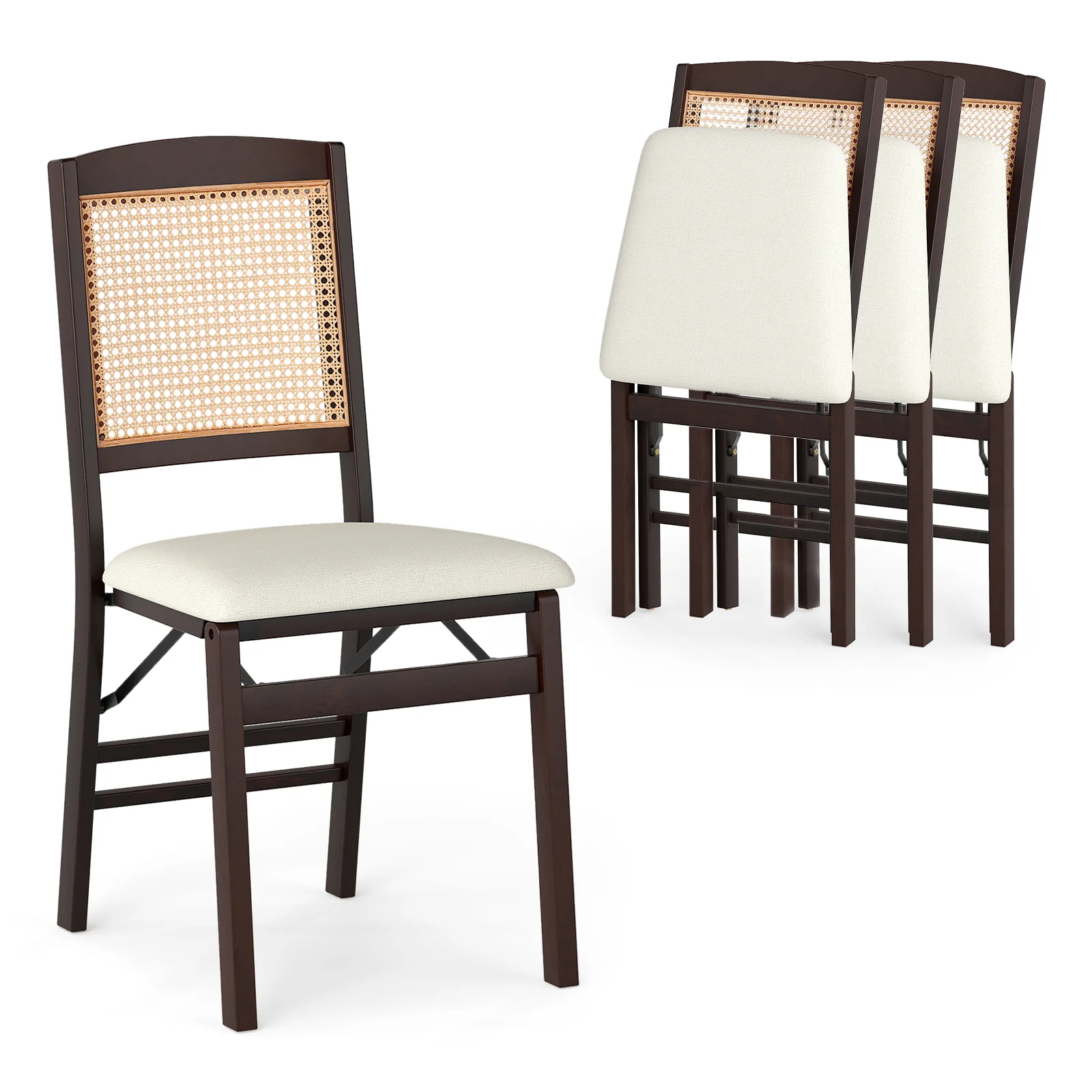 Folding Dining Chairs, Set of 4, Rubber Wood, Linen Padded Seat, Coffee - Image 5