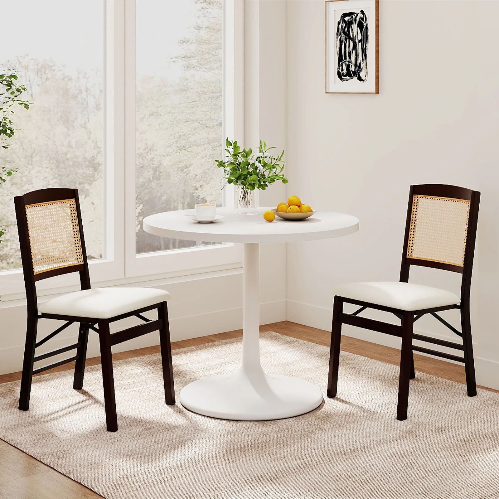 Folding Dining Chairs, Set of 4, Rubber Wood, Linen Padded Seat, Coffee - Image 7
