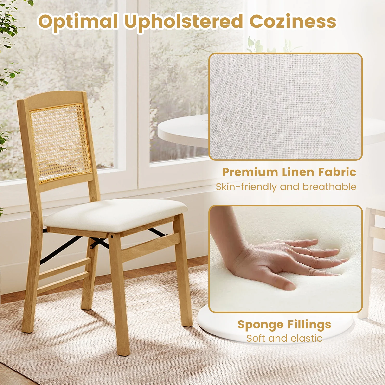 Folding Dining Chairs Set of 4, Rubber Wood, Linen Padded Seat, Natural - Image 10