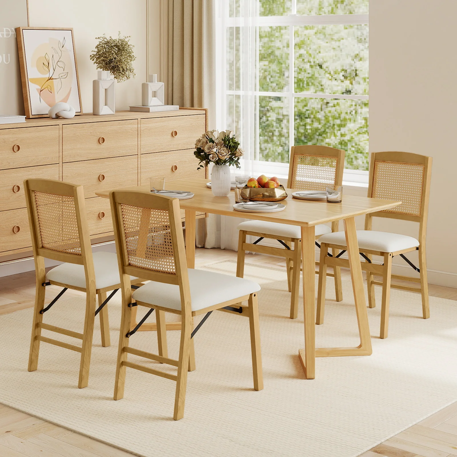 Folding Dining Chairs Set of 4, Rubber Wood, Linen Padded Seat, Natural - Image 2