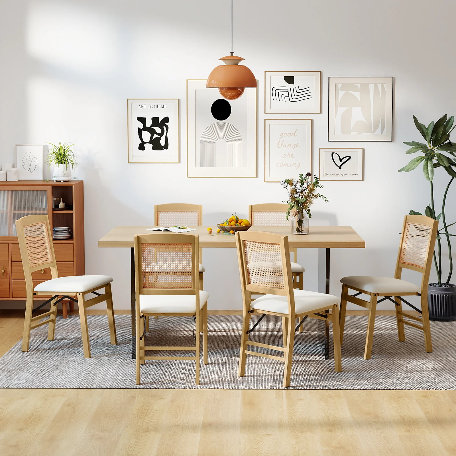 Folding Dining Chairs Set of 4, Rubber Wood, Linen Padded Seat, Natural - Image 3
