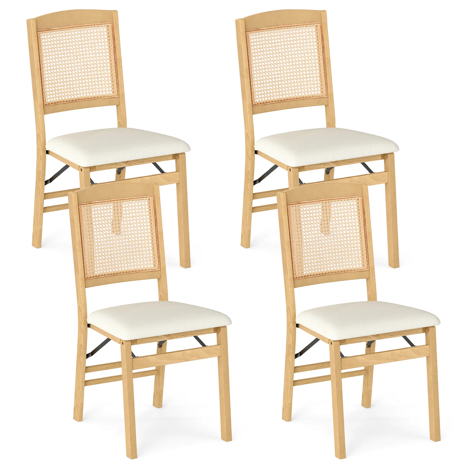 Folding Dining Chairs Set of 4, Rubber Wood, Linen Padded Seat, Natural - Image 4