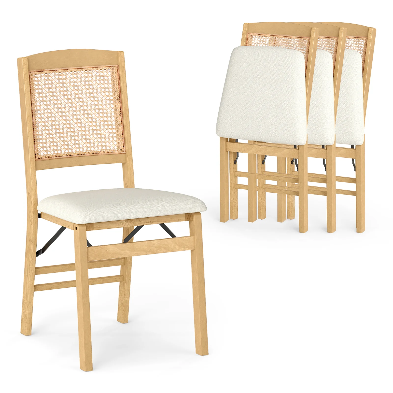 Folding Dining Chairs Set of 4, Rubber Wood, Linen Padded Seat, Natural - Image 5