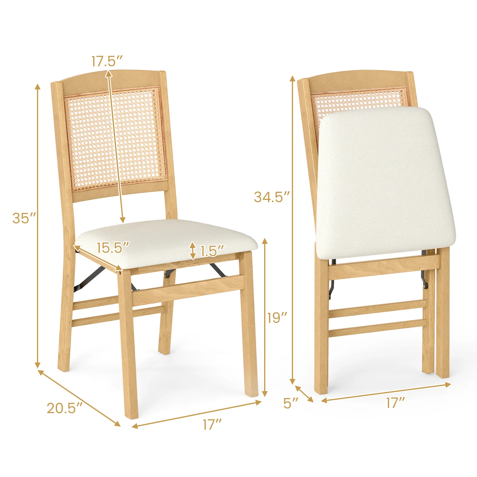 Folding Dining Chairs Set of 4, Rubber Wood, Linen Padded Seat, Natural - Image 6