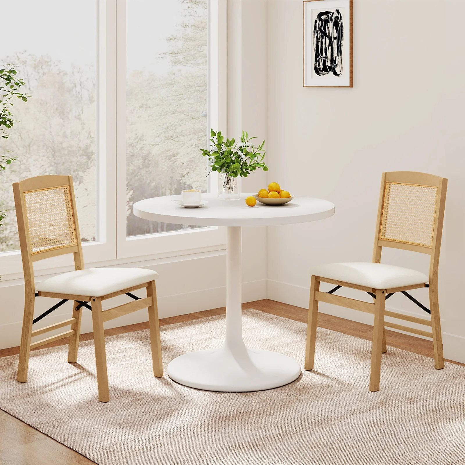 Folding Dining Chairs Set of 4, Rubber Wood, Linen Padded Seat, Natural - Image 7