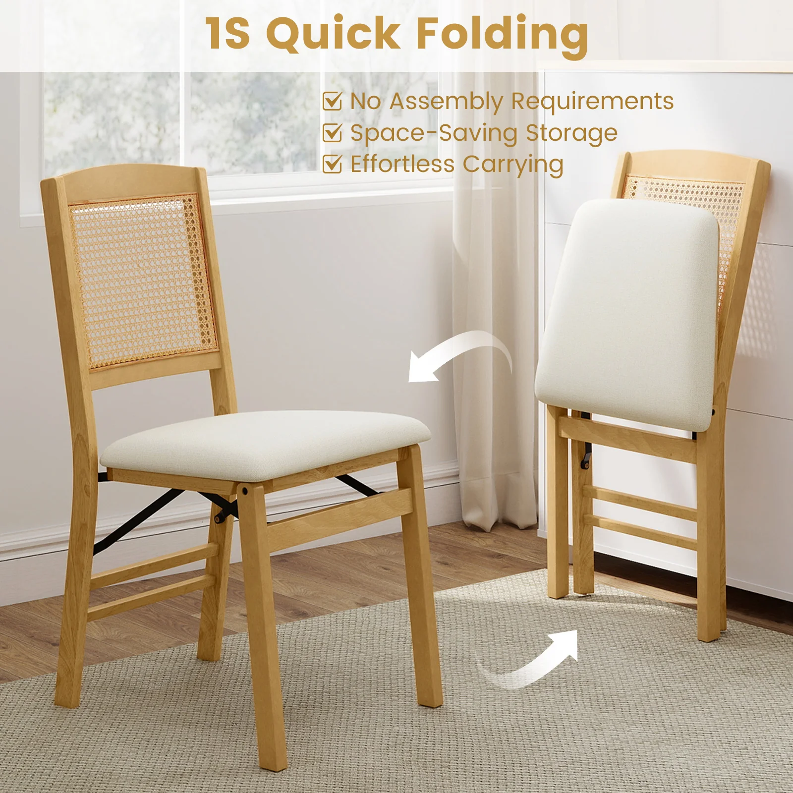 Folding Dining Chairs Set of 4, Rubber Wood, Linen Padded Seat, Natural - Image 8