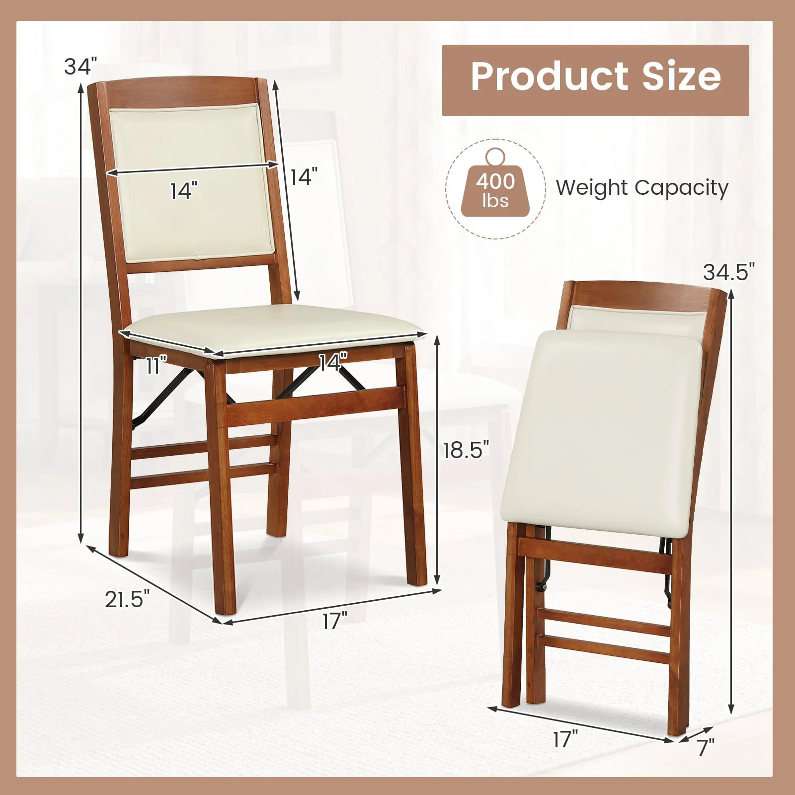 Folding Dining Chairs, Walnut, Set of 2, Padded Seat, High Backrest - Image 4