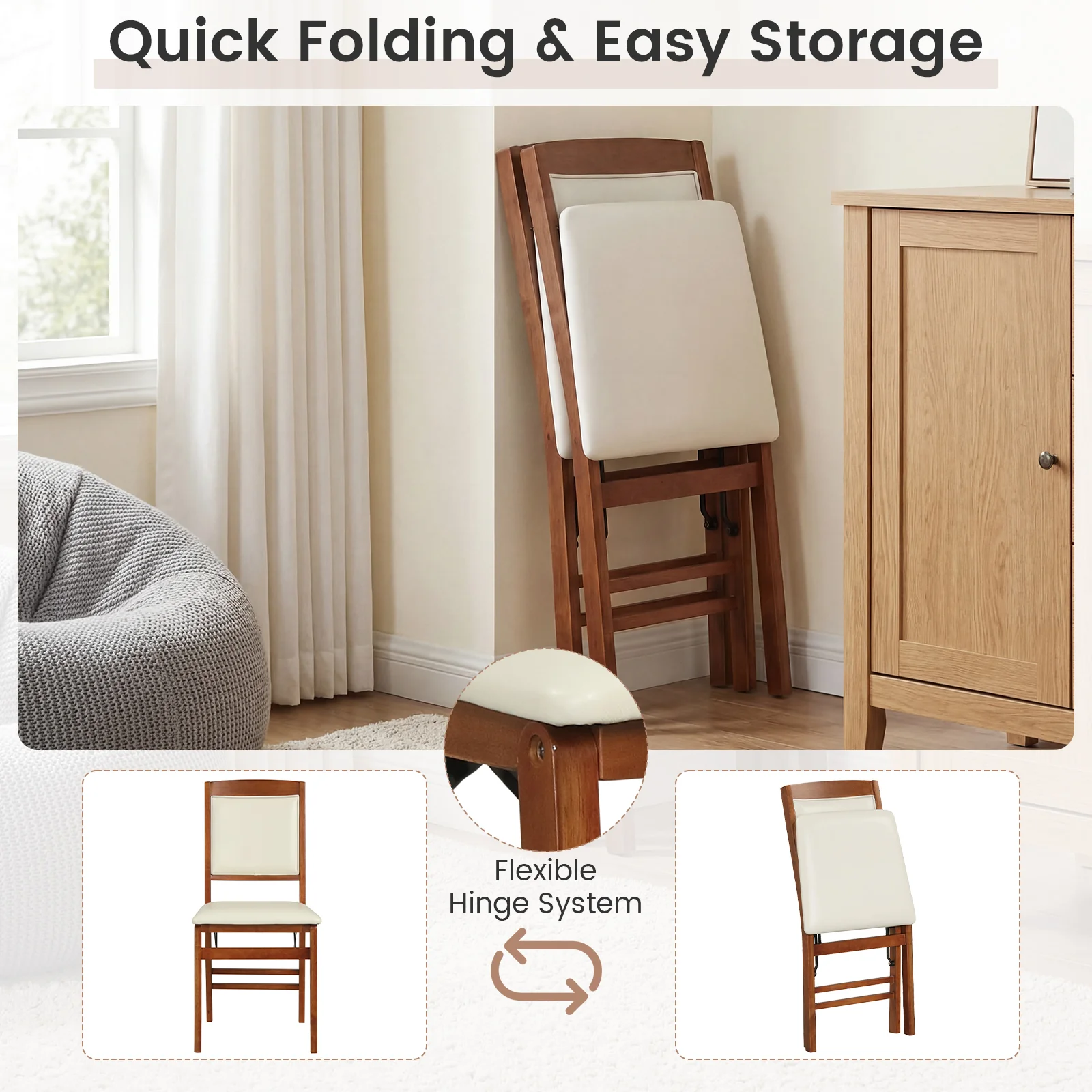 Folding Dining Chairs, Walnut, Set of 2, Padded Seat, High Backrest - Image 7