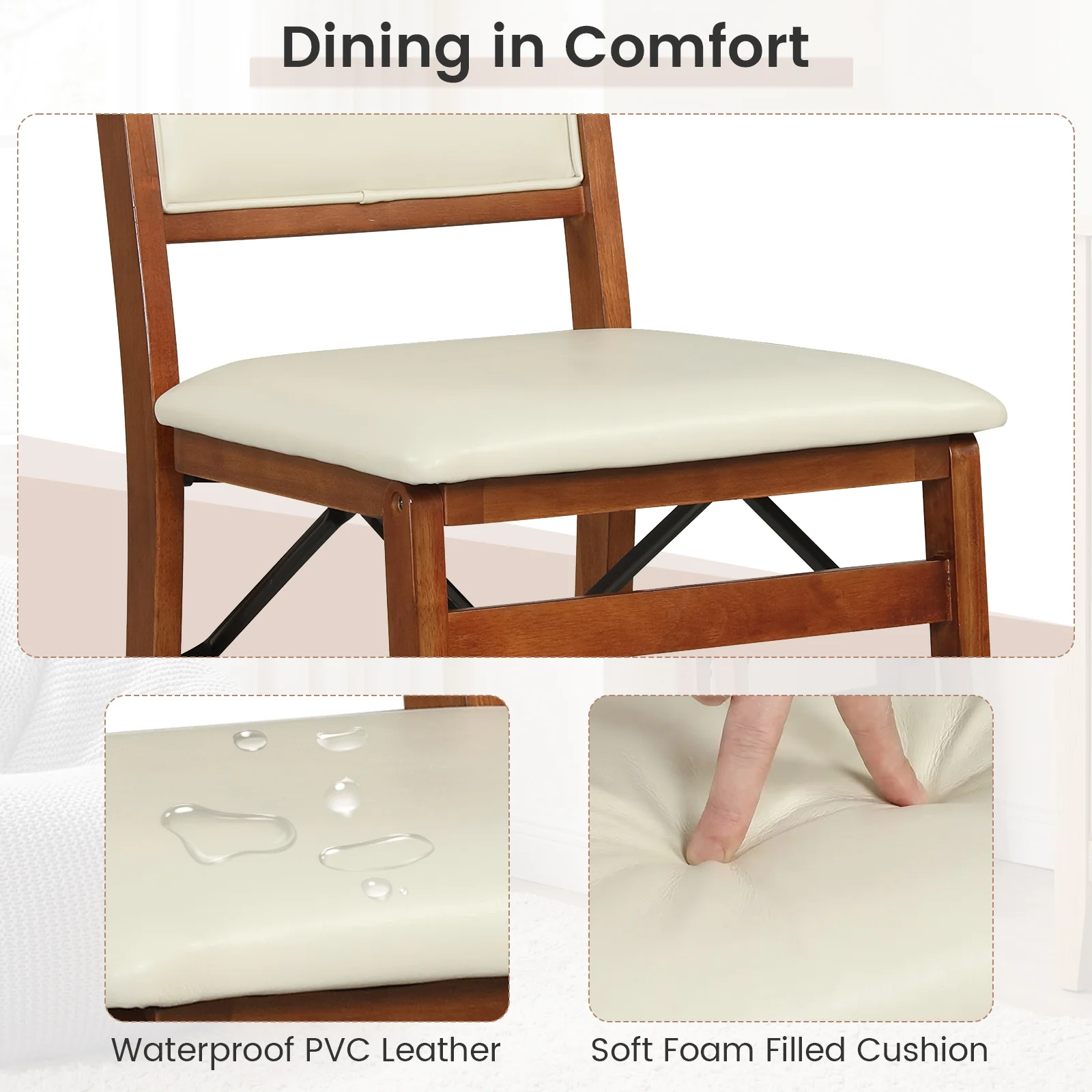 Folding Dining Chairs, Walnut, Set of 2, Padded Seat, High Backrest - Image 8