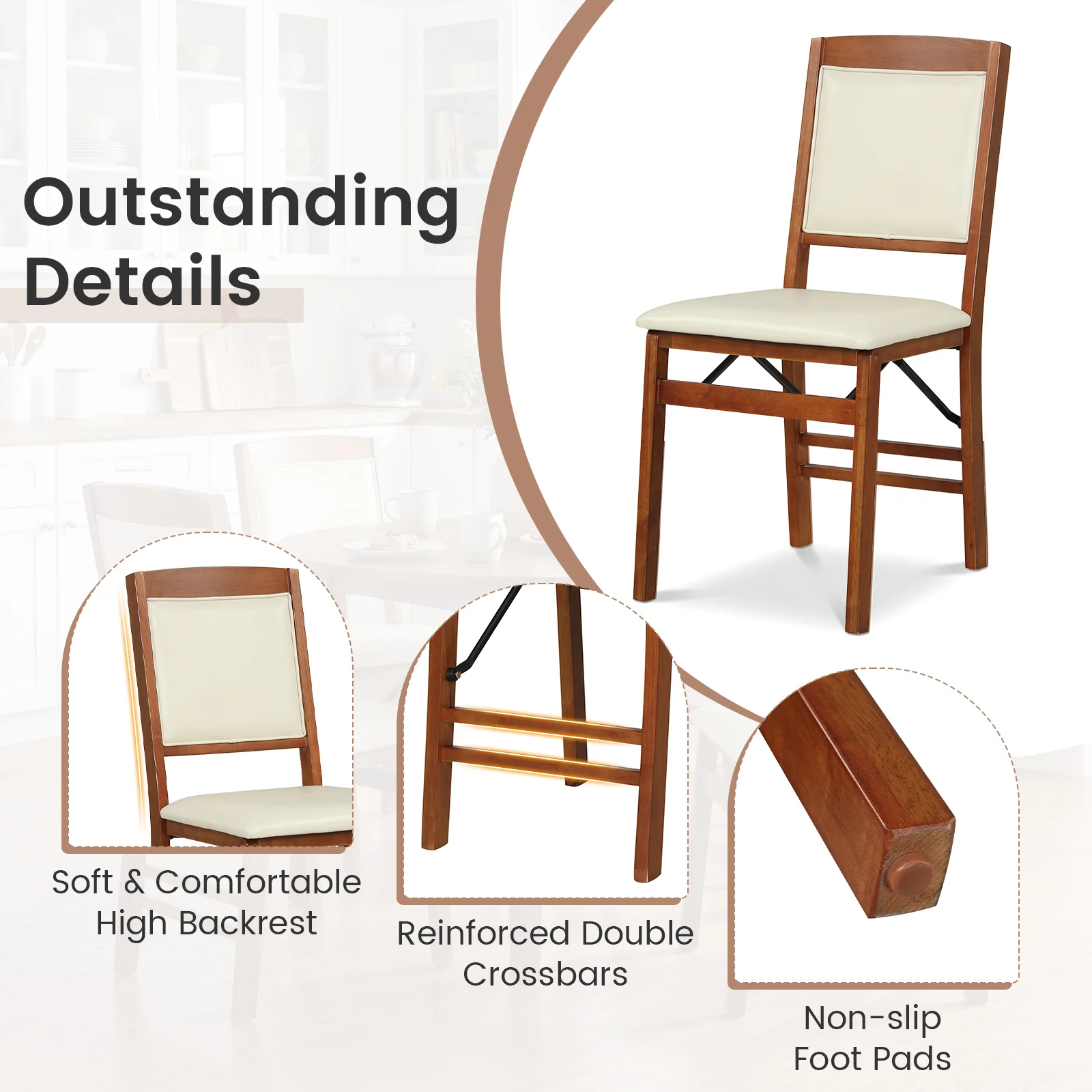 Folding Dining Chairs, Walnut, Set of 2, Padded Seat, High Backrest - Image 9