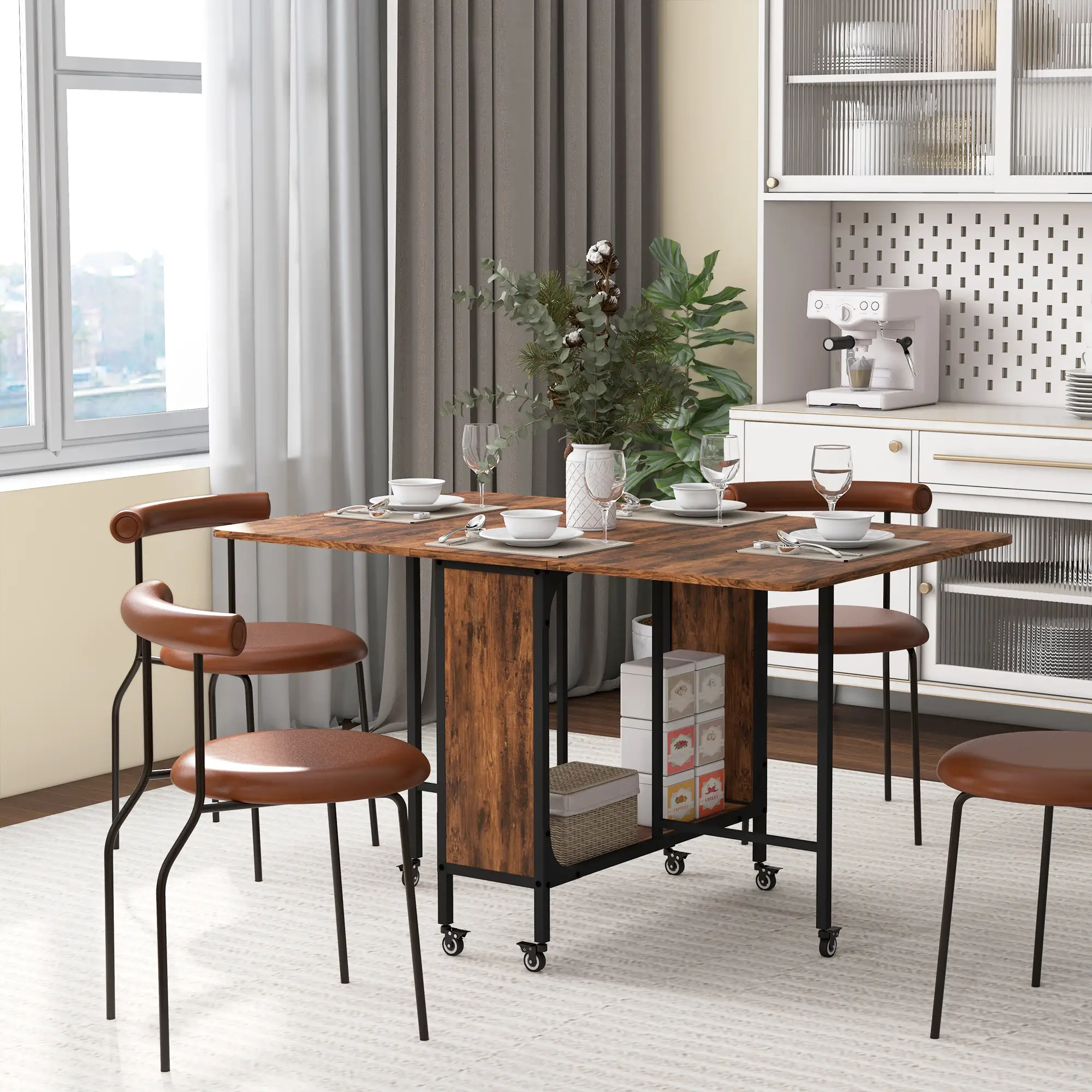 Folding Dining Table, Extendable Kitchen Table, Rustic Brown, 6 Wheels, Brown - Image 8