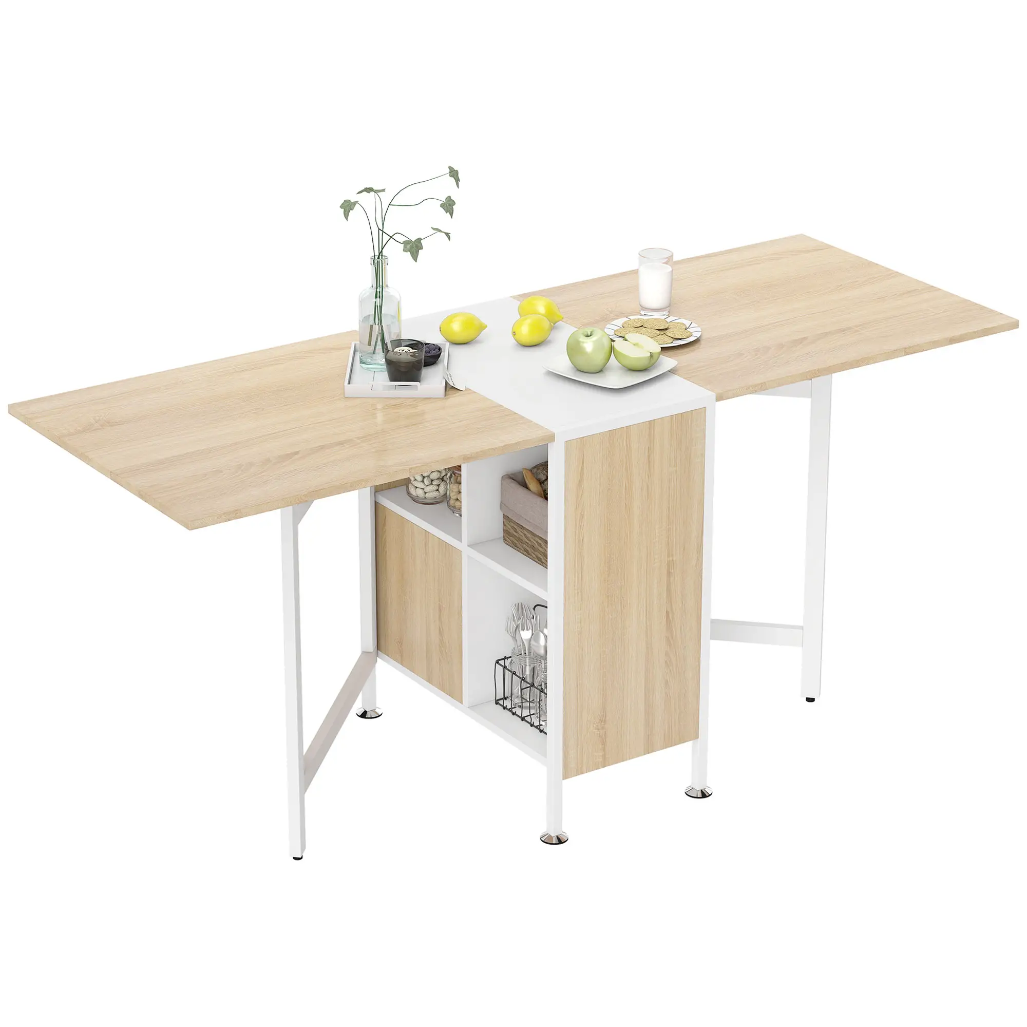 Folding Dining Table with Hideaway Shelves, Multi-Use Space Saving