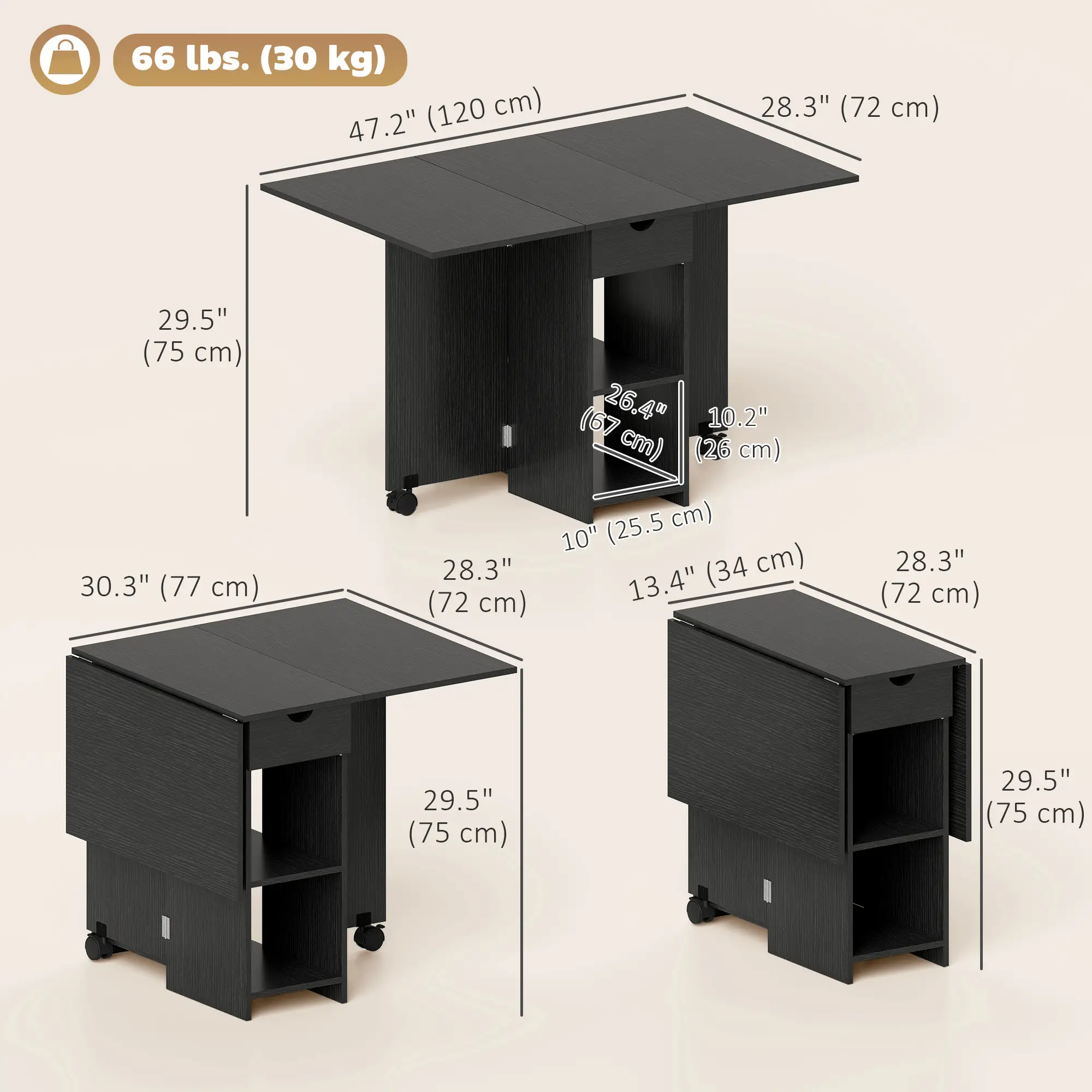 Folding Drop Leaf Kitchen Table with Drawer and Shelves, Black - Image 3