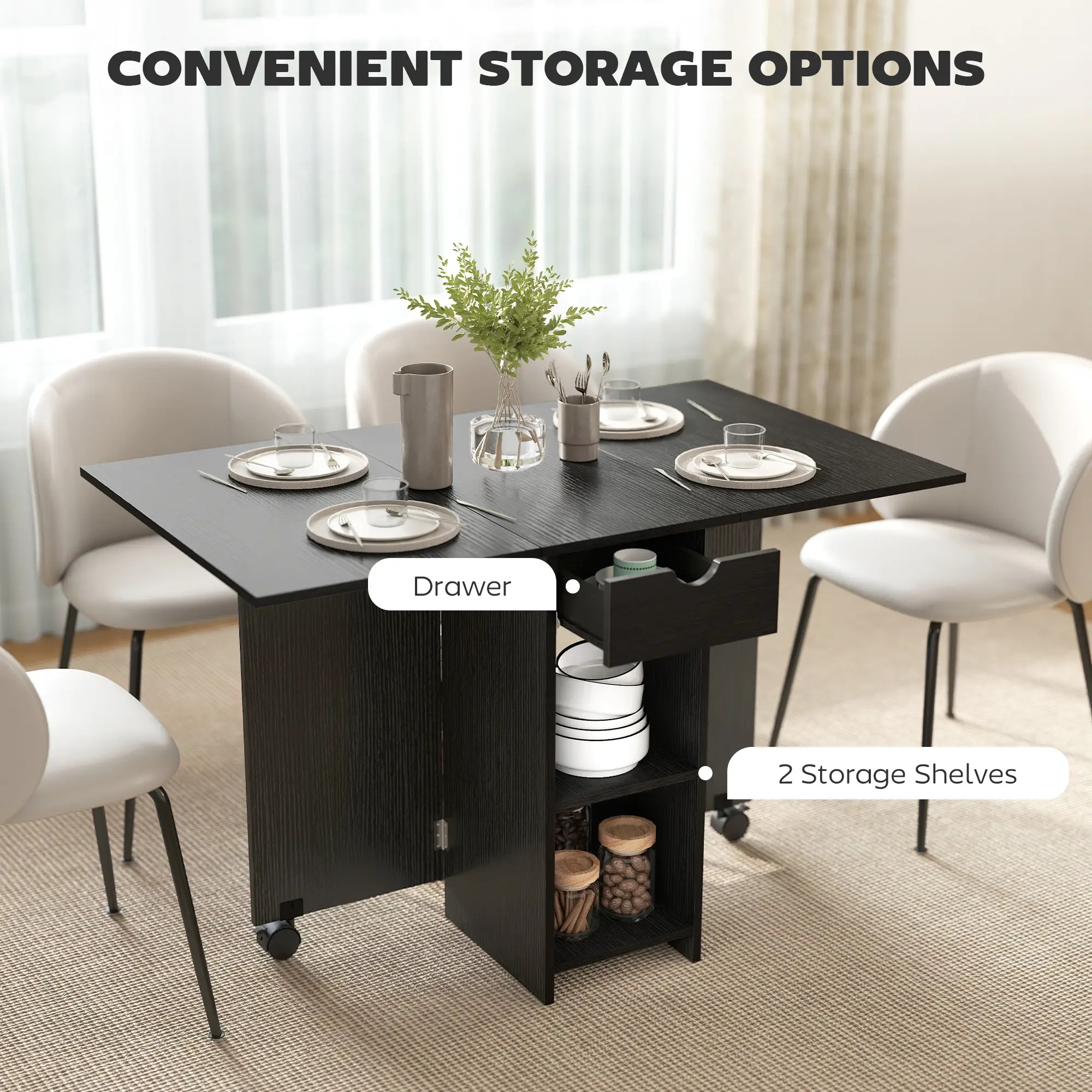 Folding Drop Leaf Kitchen Table with Drawer and Shelves, Black - Image 4