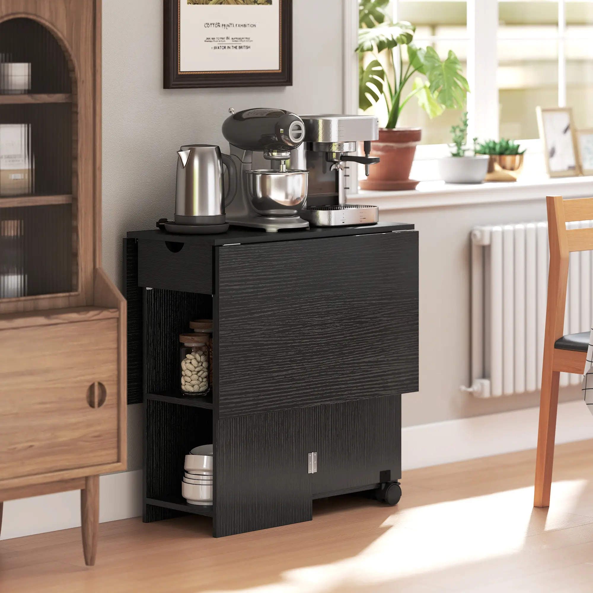 Folding Drop Leaf Kitchen Table with Drawer and Shelves, Black - Image 9