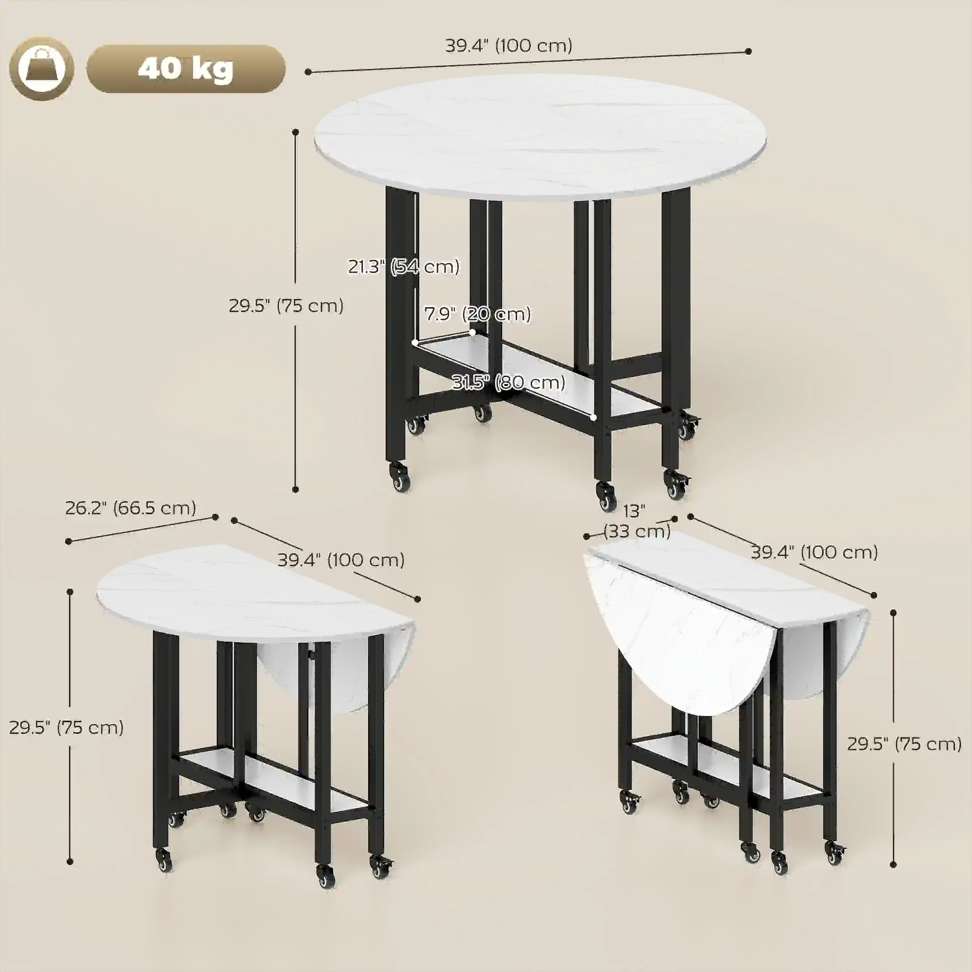 Folding Drop Leaf Table, White Marble, Open Shelf, Rolling Kitchen Table, White - Image 3