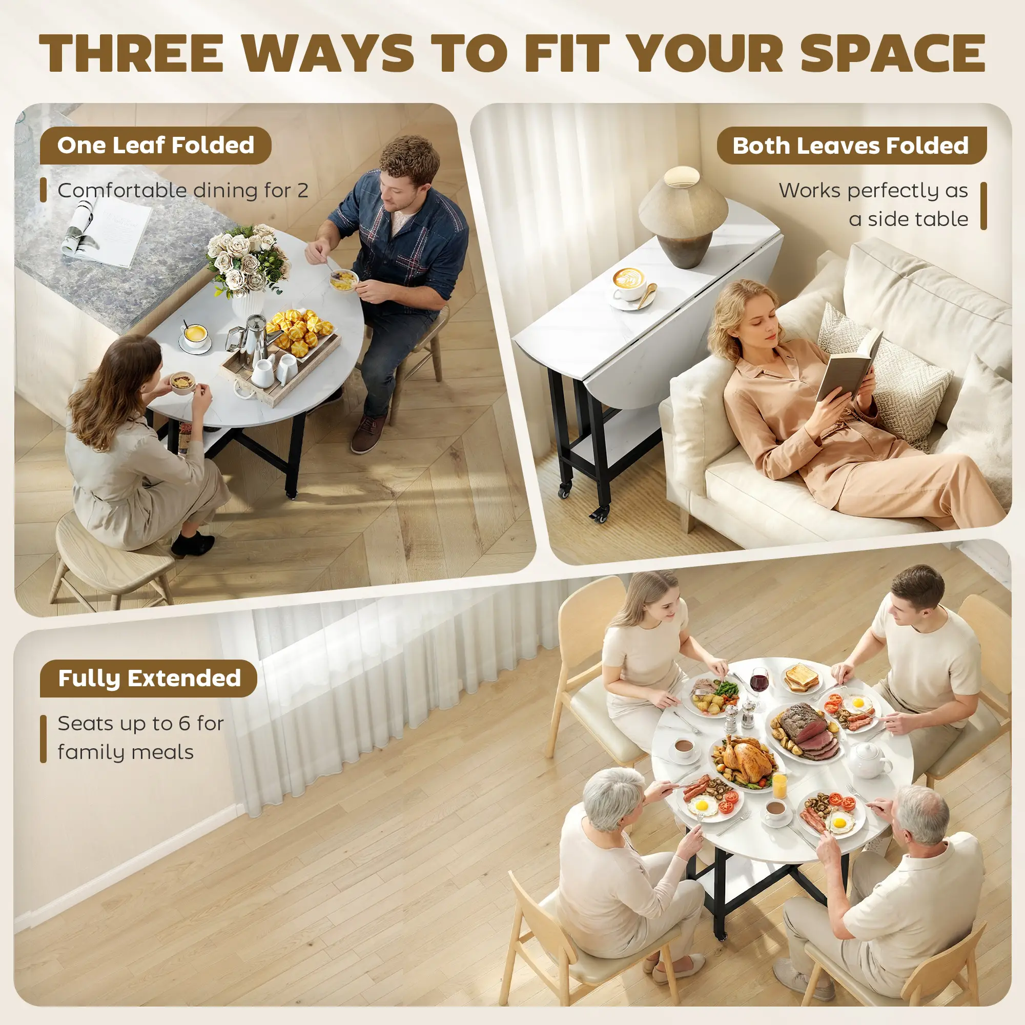 Folding Drop Leaf Table, White Marble, Open Shelf, Rolling Kitchen Table, White - Image 4