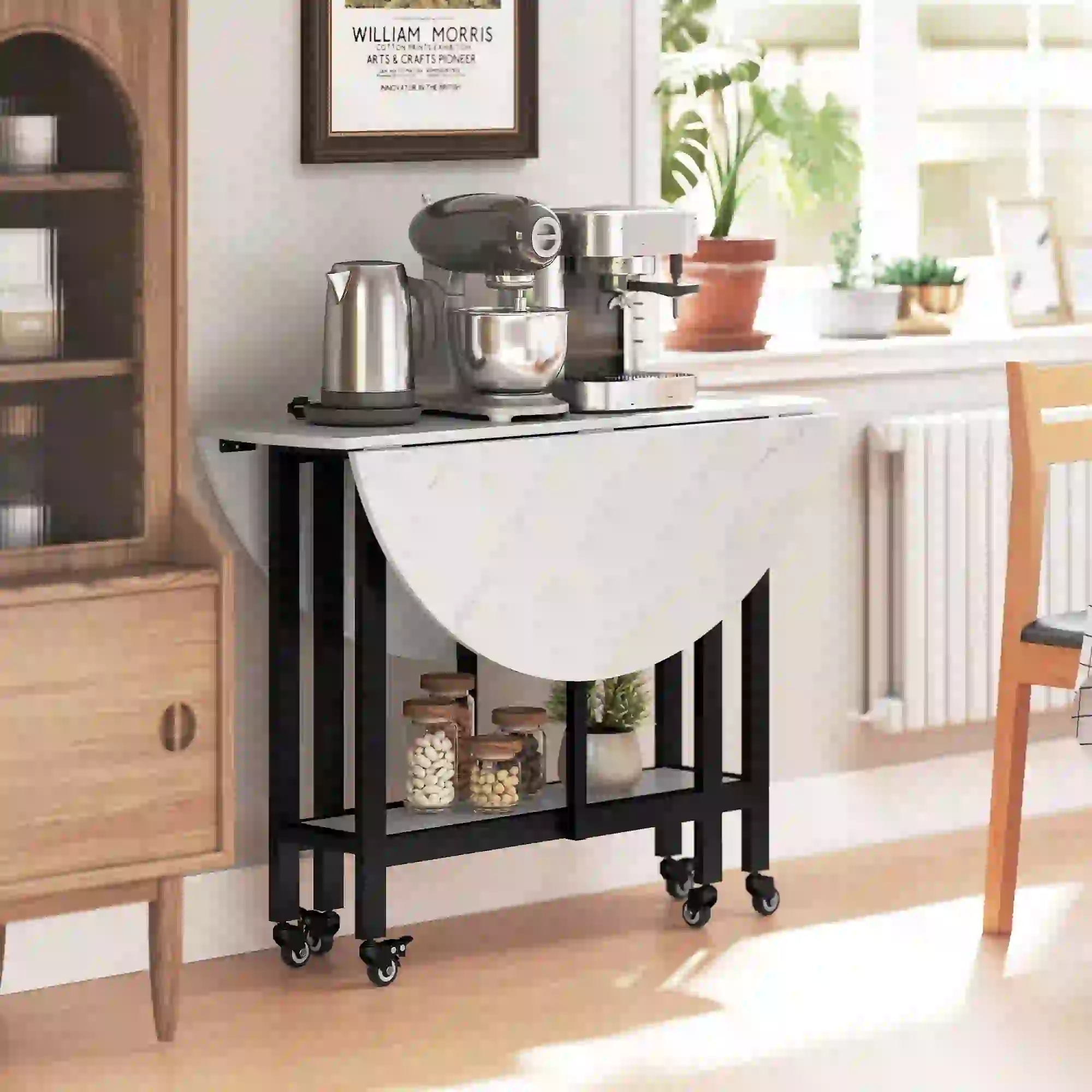Folding Drop Leaf Table, White Marble, Open Shelf, Rolling Kitchen Table, White - Image 9