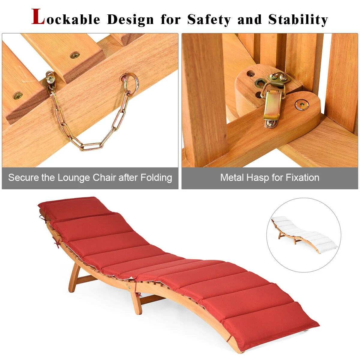 Folding Eucalyptus Outdoor Patio Lounge Chair, Red - Image 10
