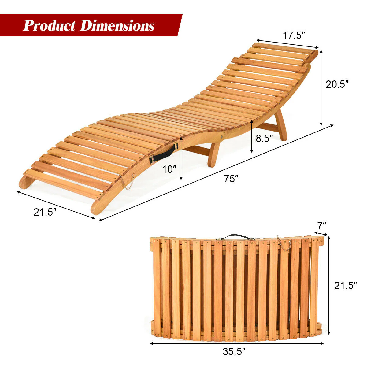 Folding Eucalyptus Outdoor Patio Lounge Chair, Red - Image 6
