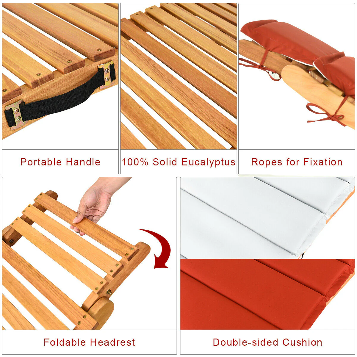 Folding Eucalyptus Outdoor Patio Lounge Chair, Red - Image 8