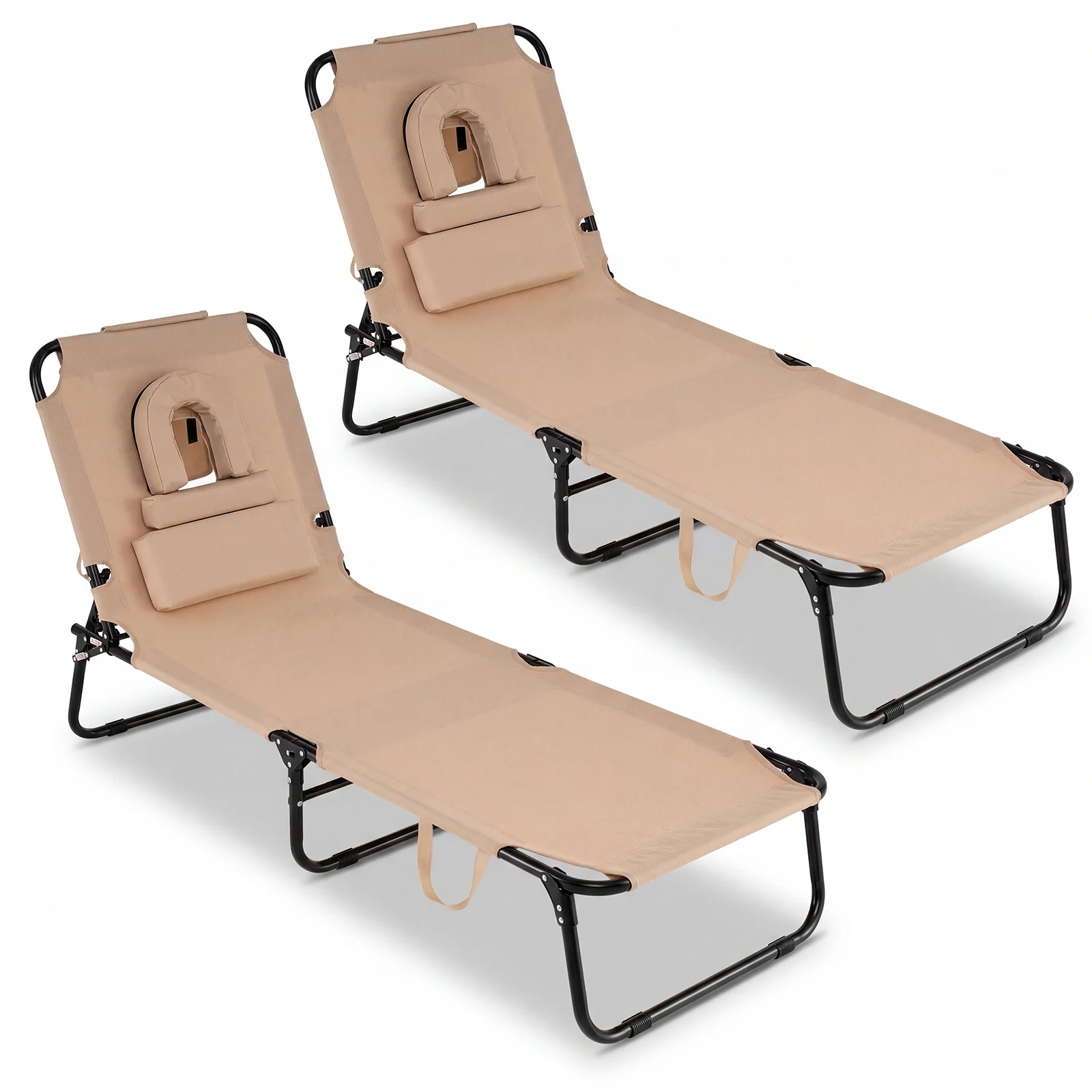 Folding Face Down Tanning Chair, 2 Pack, 3 Removable Pillows, Beige