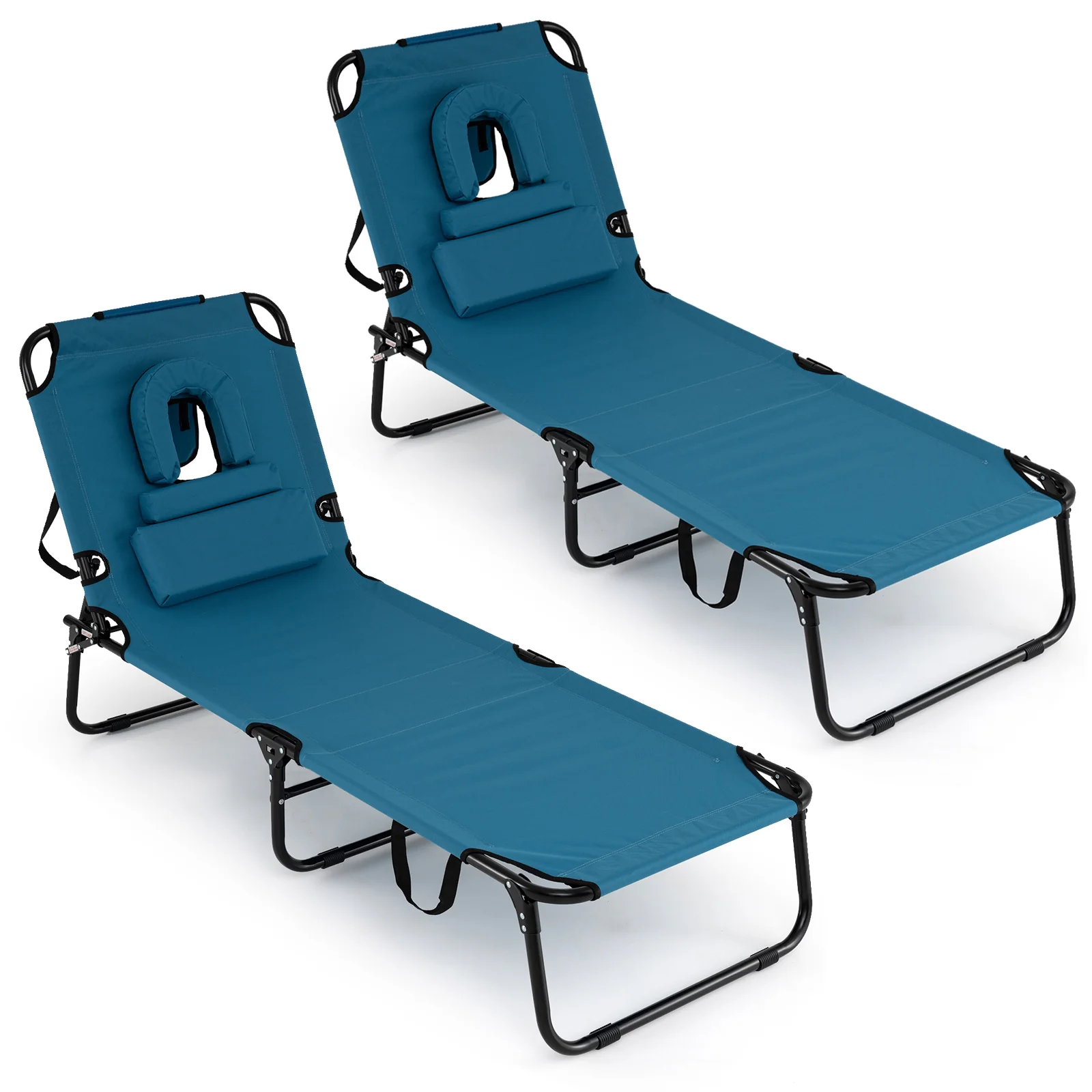 Folding Face Down Tanning Chair, Set of 2, 3 Removable Pillows, Blue - Image 2