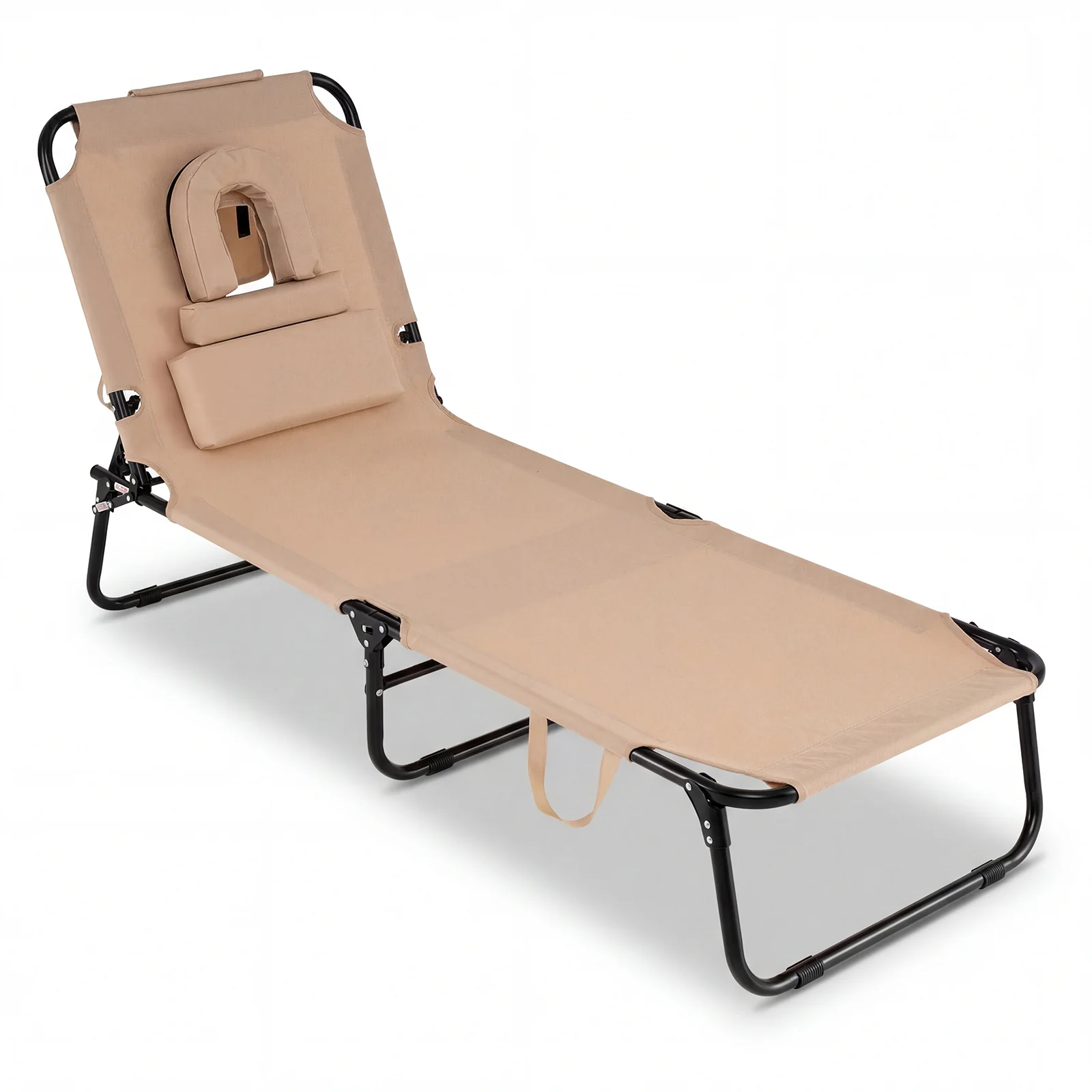 Folding Face Down Tanning Chair, Face Hole, 3 Removable Pillows, Beige - Image 2