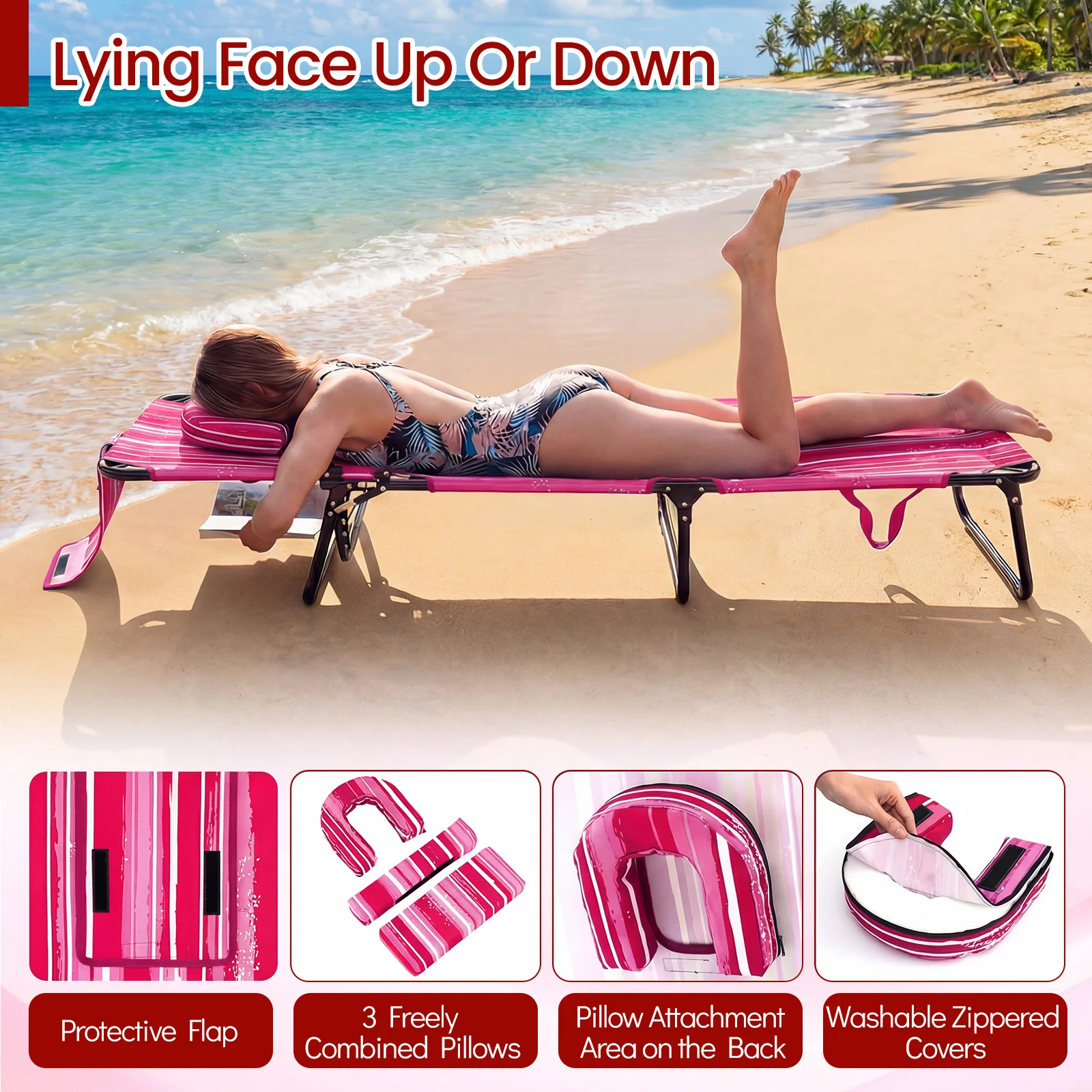 Folding Face Down Tanning Chair, Face Hole, 3 Removable Pillows, Stripe, Pink - Image 7